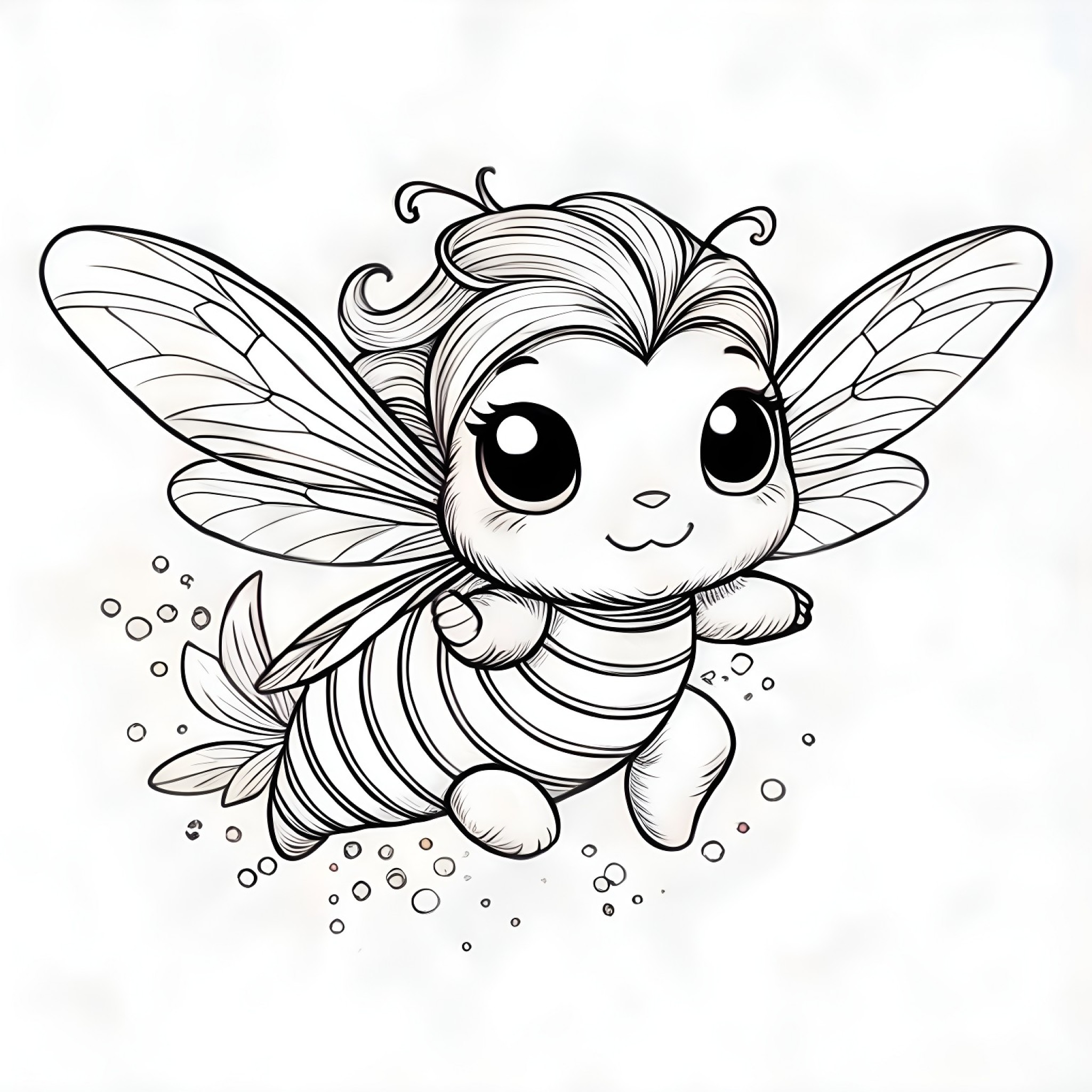 Bee in a flying motion Coloring Page (free black-and-white line drawing printable PDF for all, from beginners to advanced learners, including children, teens, adults, and seniors)