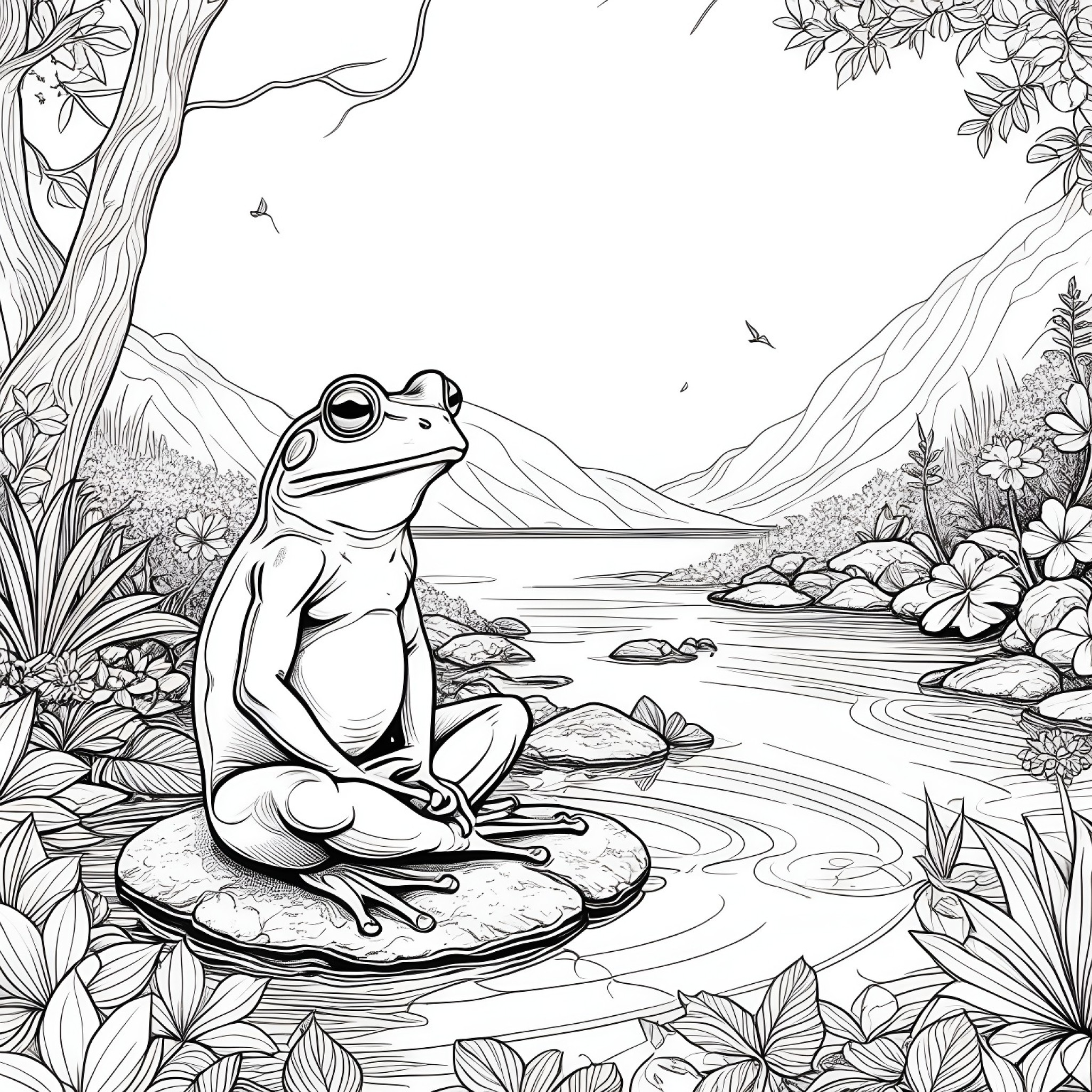 Frog meditating in nature Coloring Page (free black-and-white line drawing printable PDF for all, from beginners to advanced learners, including children, teens, adults, and seniors)