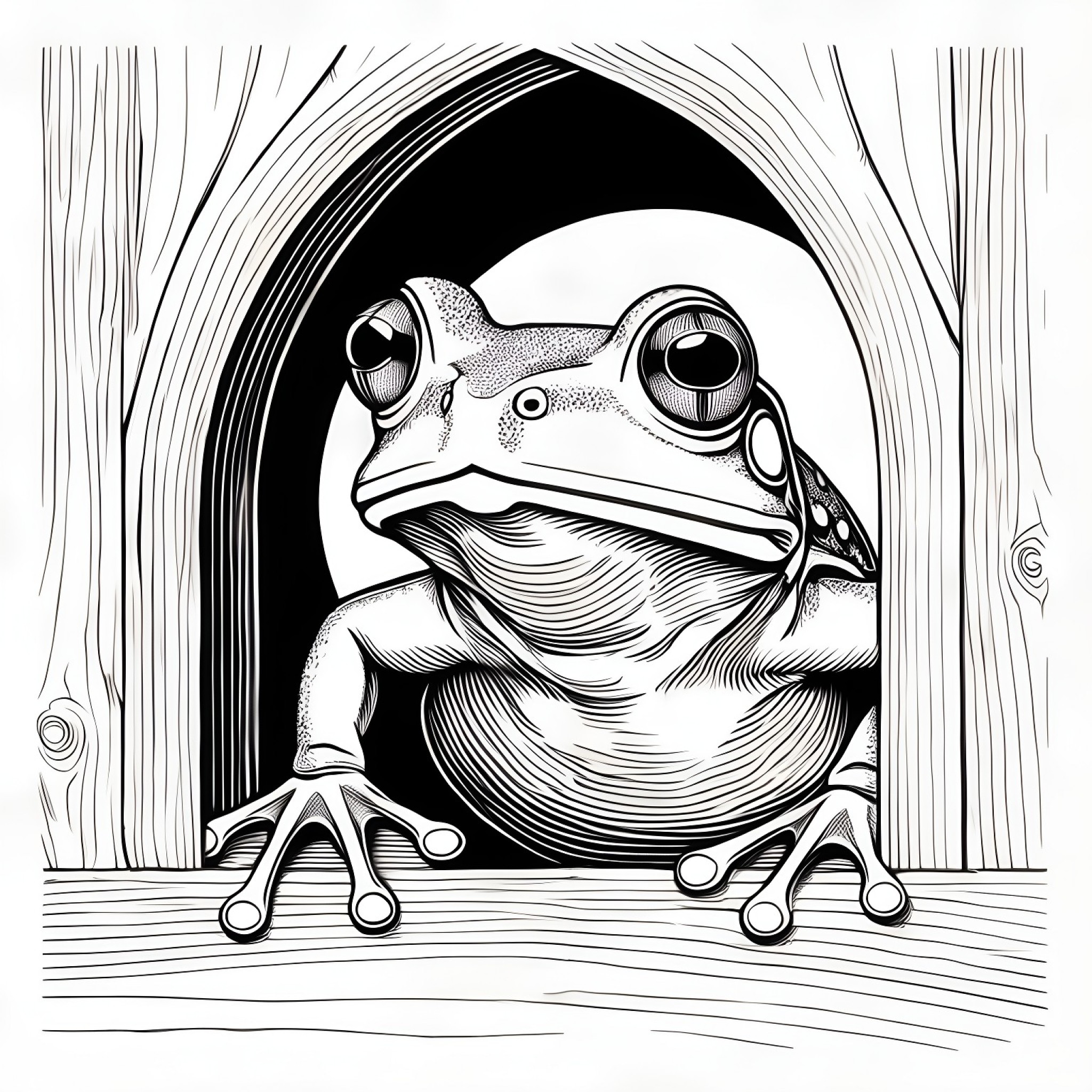 Frog peeking from a hole Coloring Page (free black-and-white line drawing printable PDF for all, from beginners to advanced learners, including children, teens, adults, and seniors)