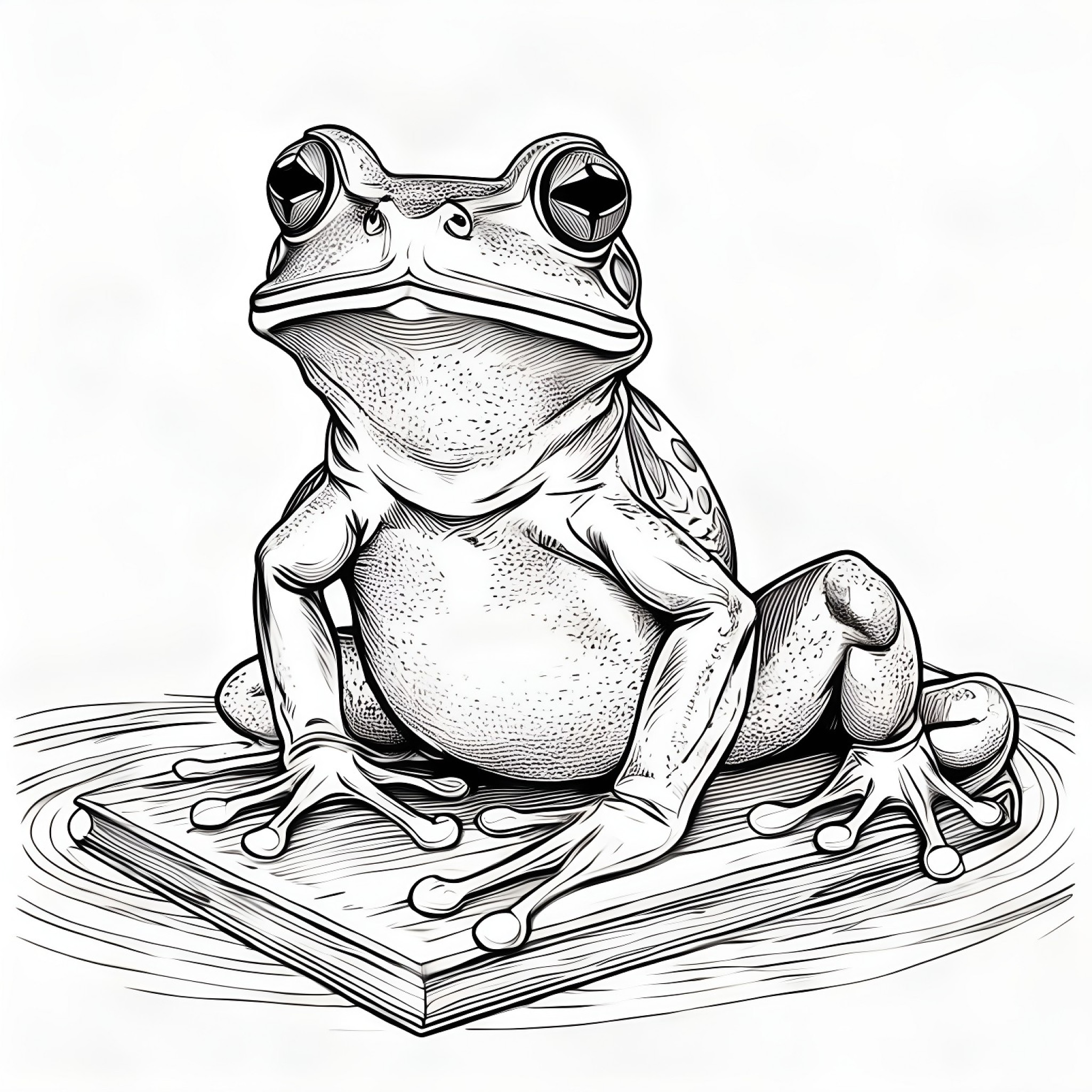 Frog on a wooden board Coloring Page (free black-and-white line drawing printable PDF for all, from beginners to advanced learners, including children, teens, adults, and seniors)