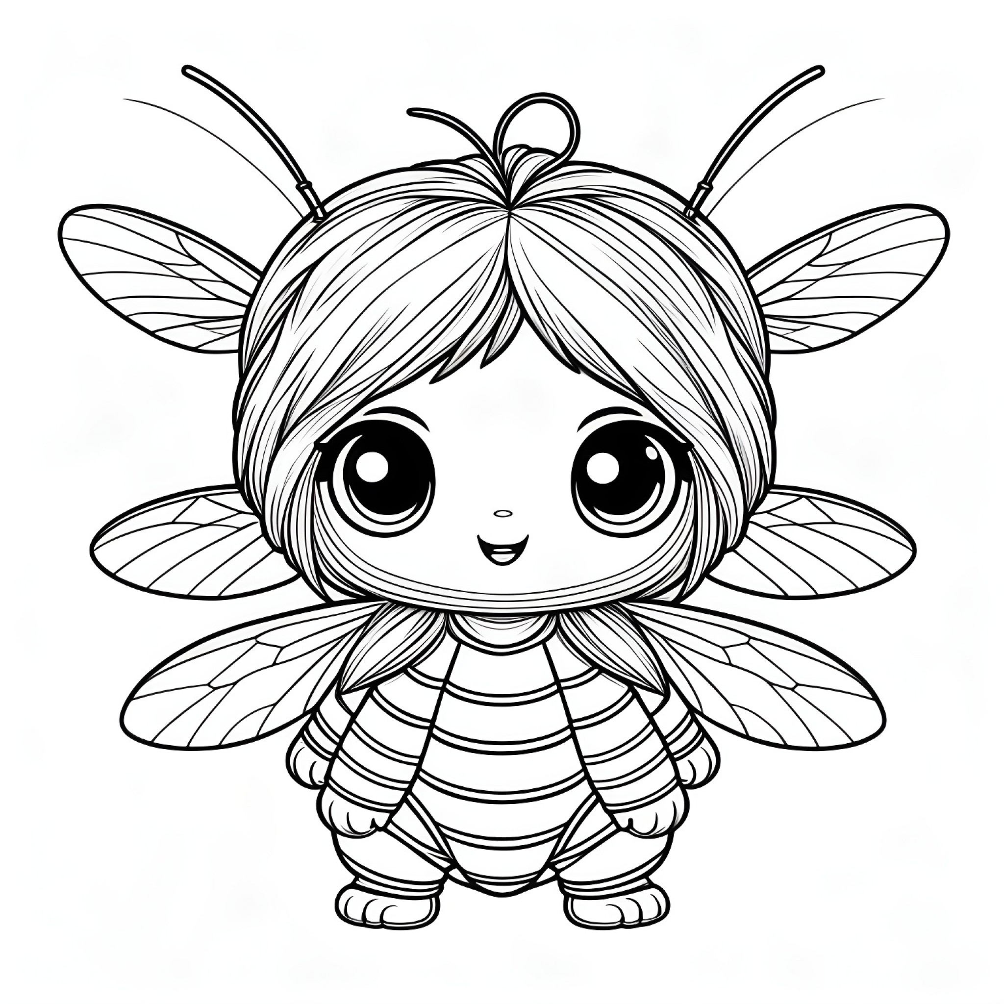 Bee with a surprised look Coloring Page (free black-and-white line drawing printable PDF for all, from beginners to advanced learners, including children, teens, adults, and seniors)