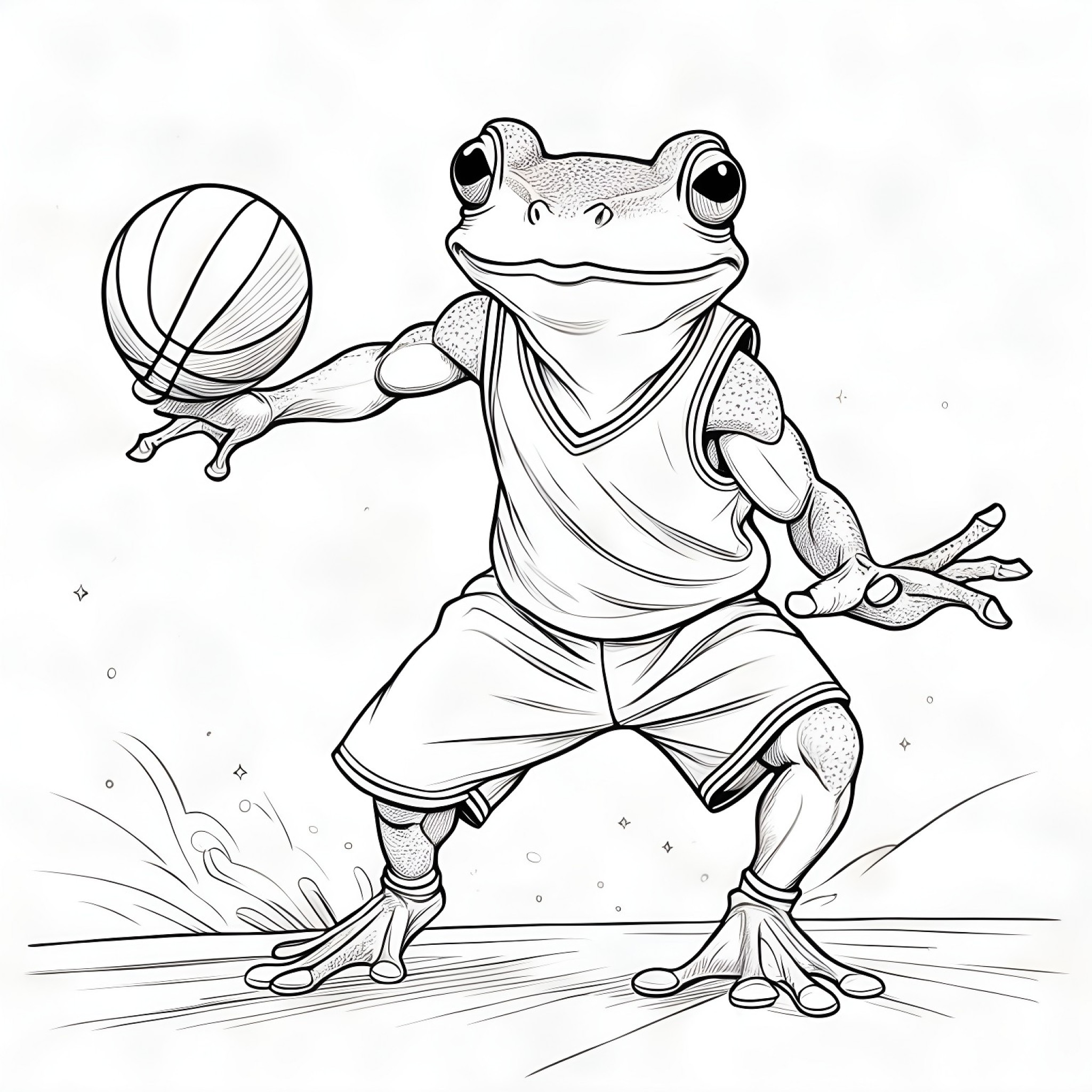 Frog playing basketball Coloring Page (free black-and-white line drawing printable PDF for all, from beginners to advanced learners, including children, teens, adults, and seniors)
