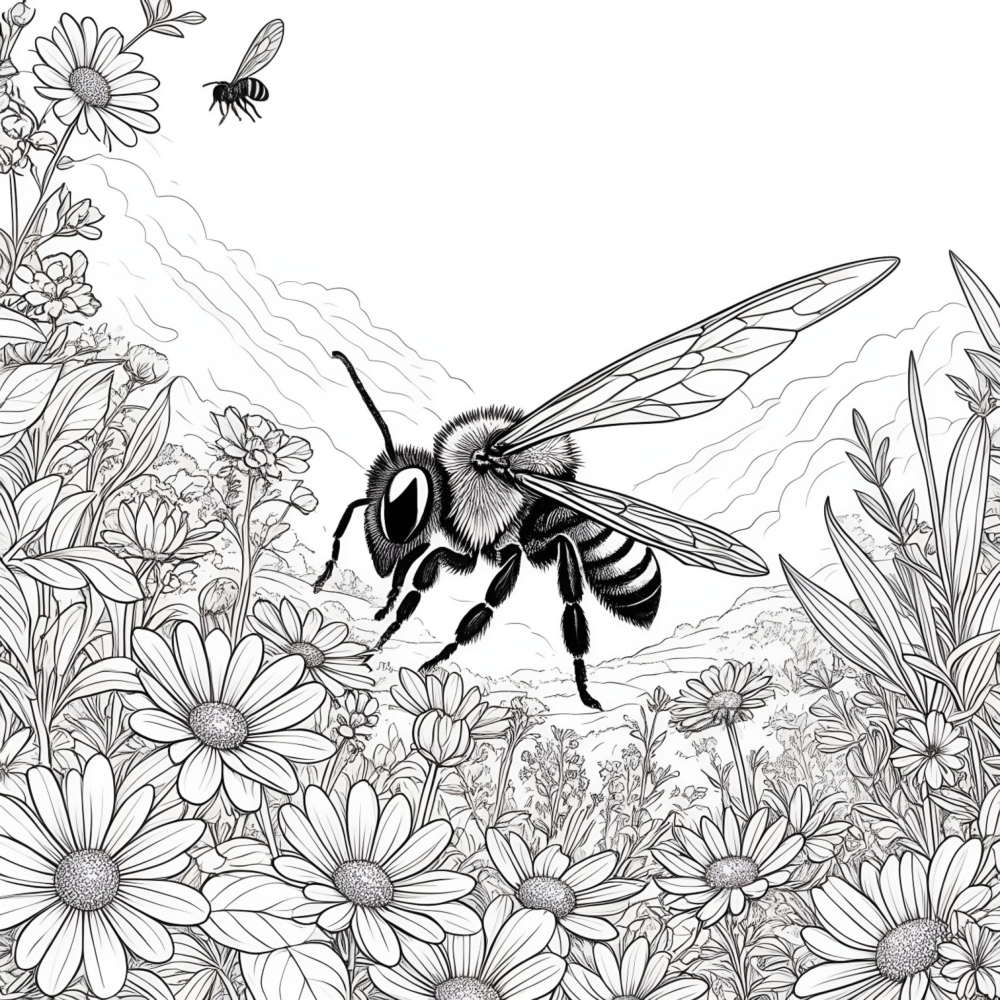 Bee in a garden scene Coloring Page (free black-and-white line drawing printable PDF for all, from beginners to advanced learners, including children, teens, adults, and seniors)