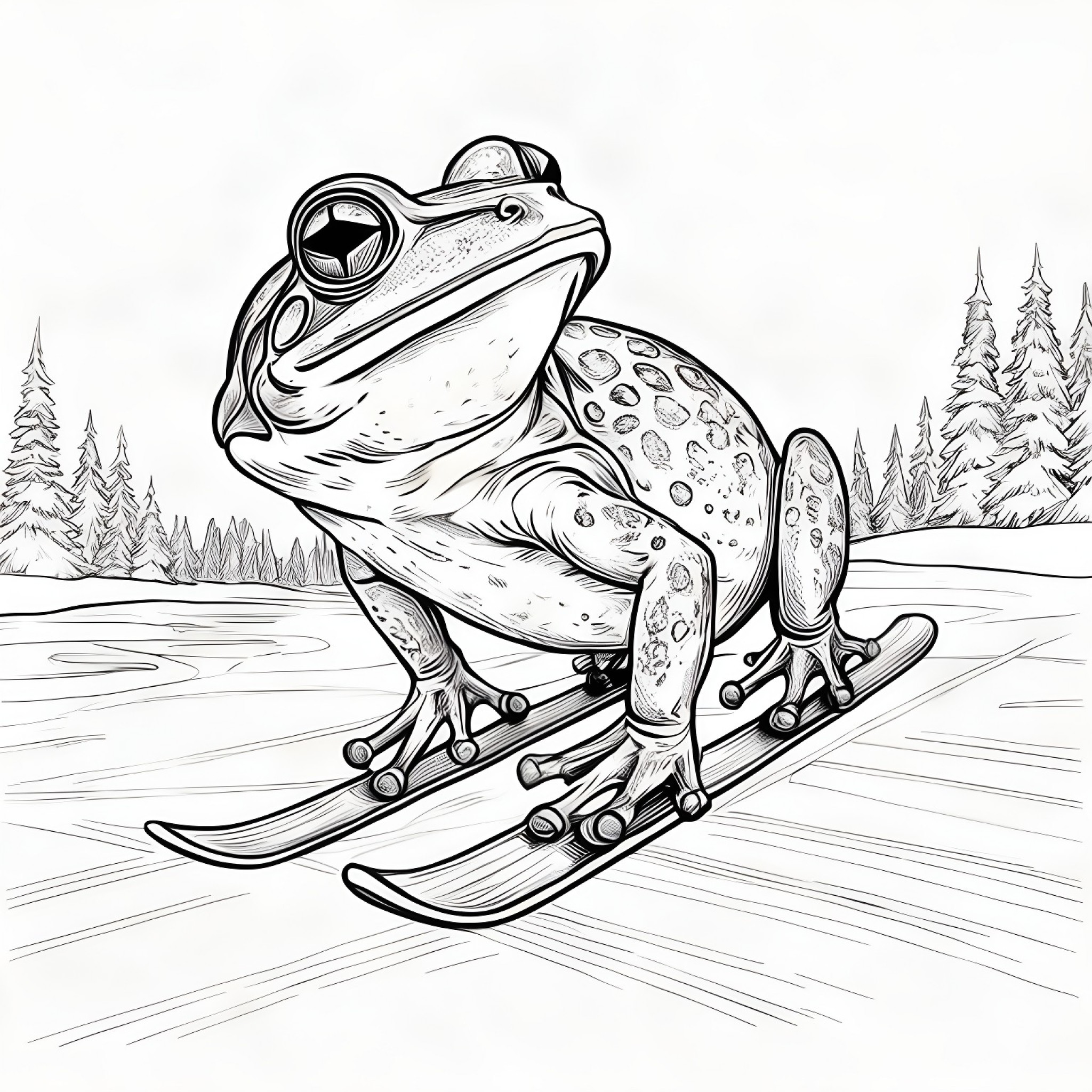 Frog skating on ice Coloring Page (free black-and-white line drawing printable PDF for all, from beginners to advanced learners, including children, teens, adults, and seniors)
