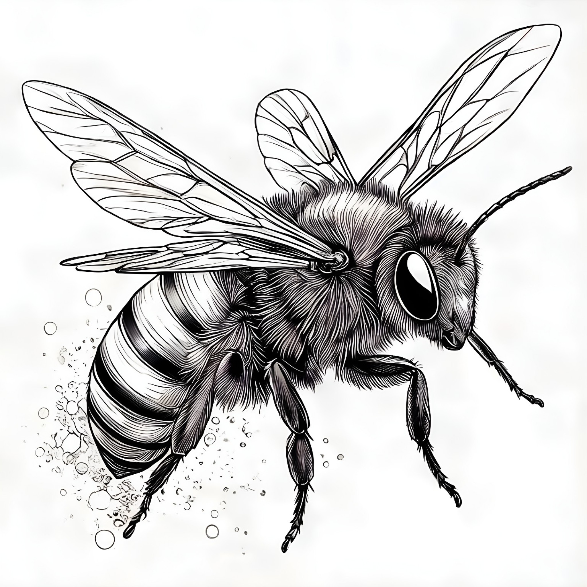 Bee in a dynamic pose Coloring Page (free black-and-white line drawing printable PDF for all, from beginners to advanced learners, including children, teens, adults, and seniors)
