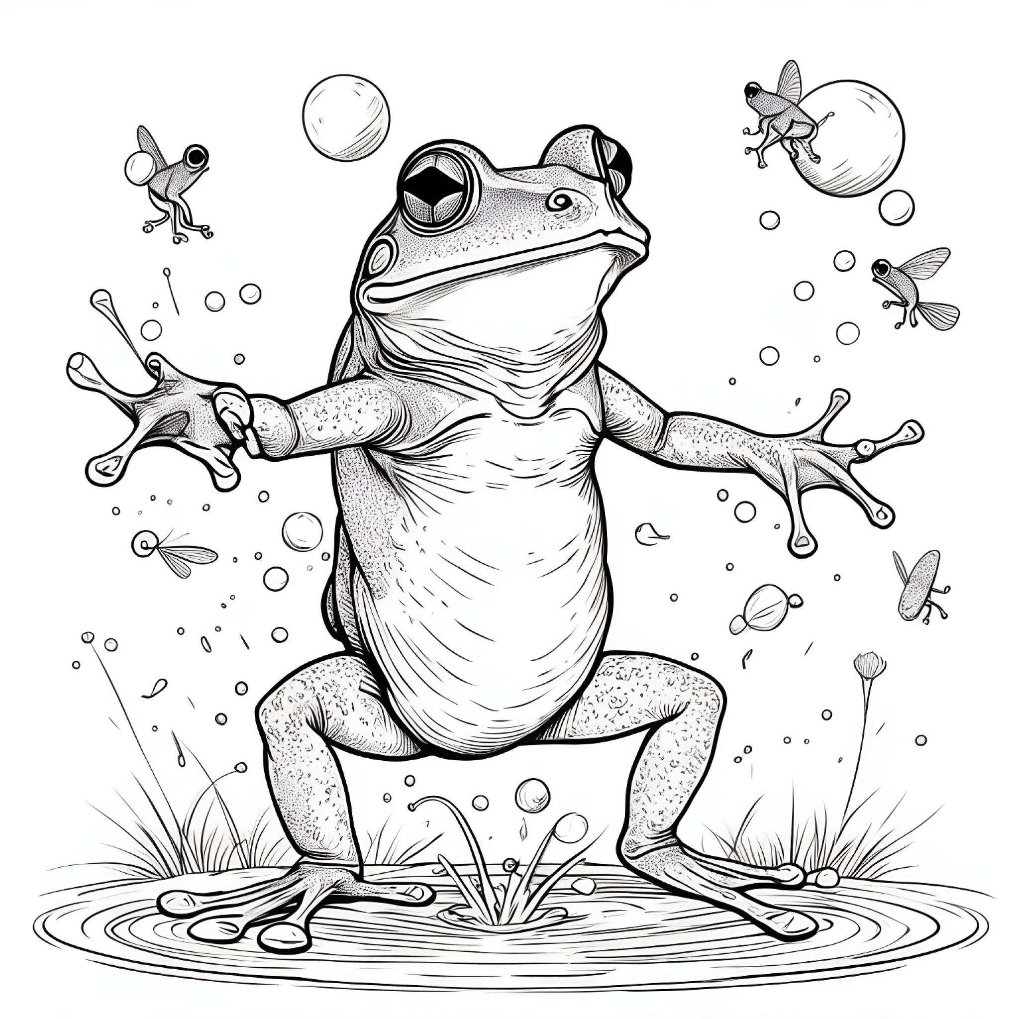 Frog juggling with flies Coloring Page (free black-and-white line drawing printable PDF for all, from beginners to advanced learners, including children, teens, adults, and seniors)