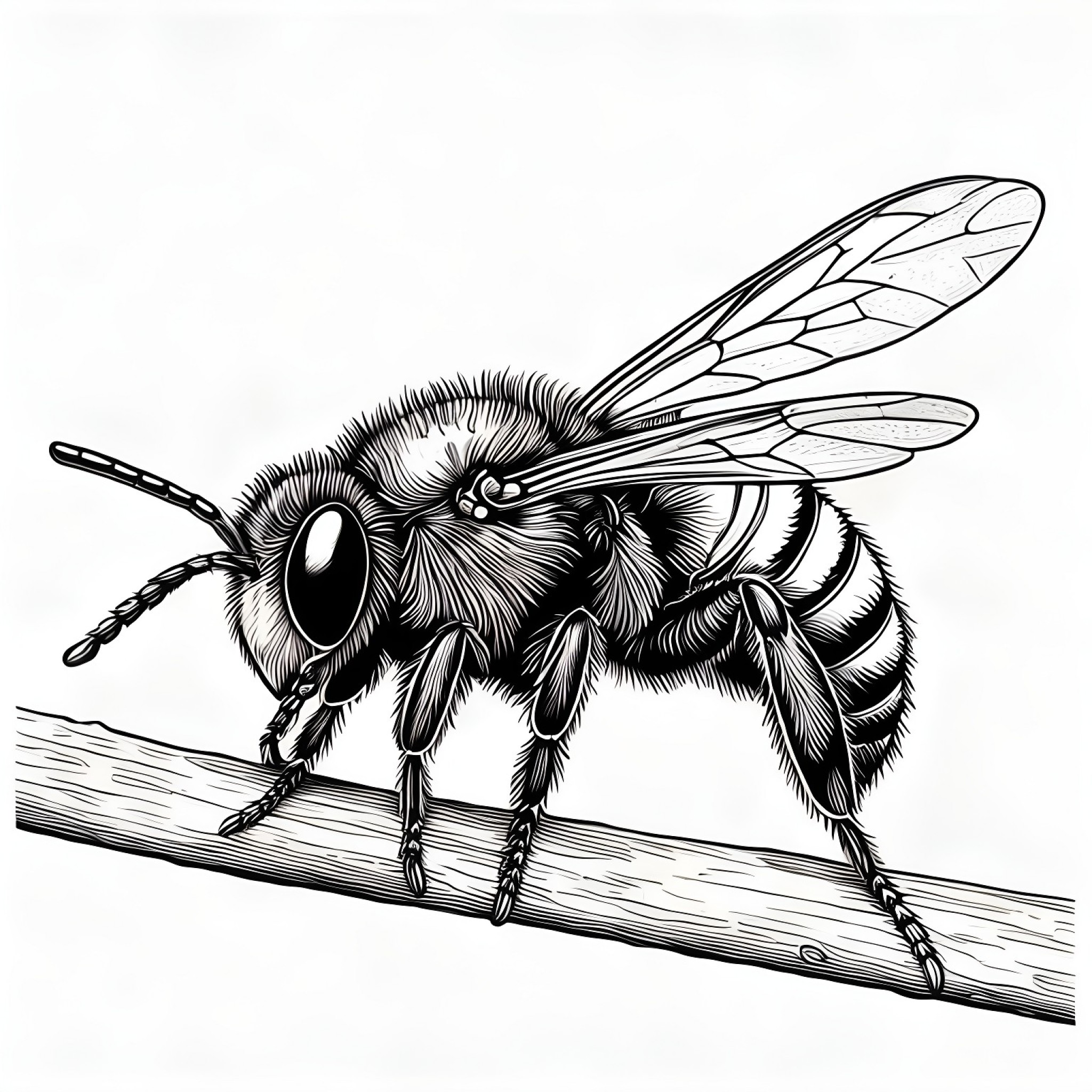 Bee crawling on a branch Coloring Page (free black-and-white line drawing printable PDF for all, from beginners to advanced learners, including children, teens, adults, and seniors)