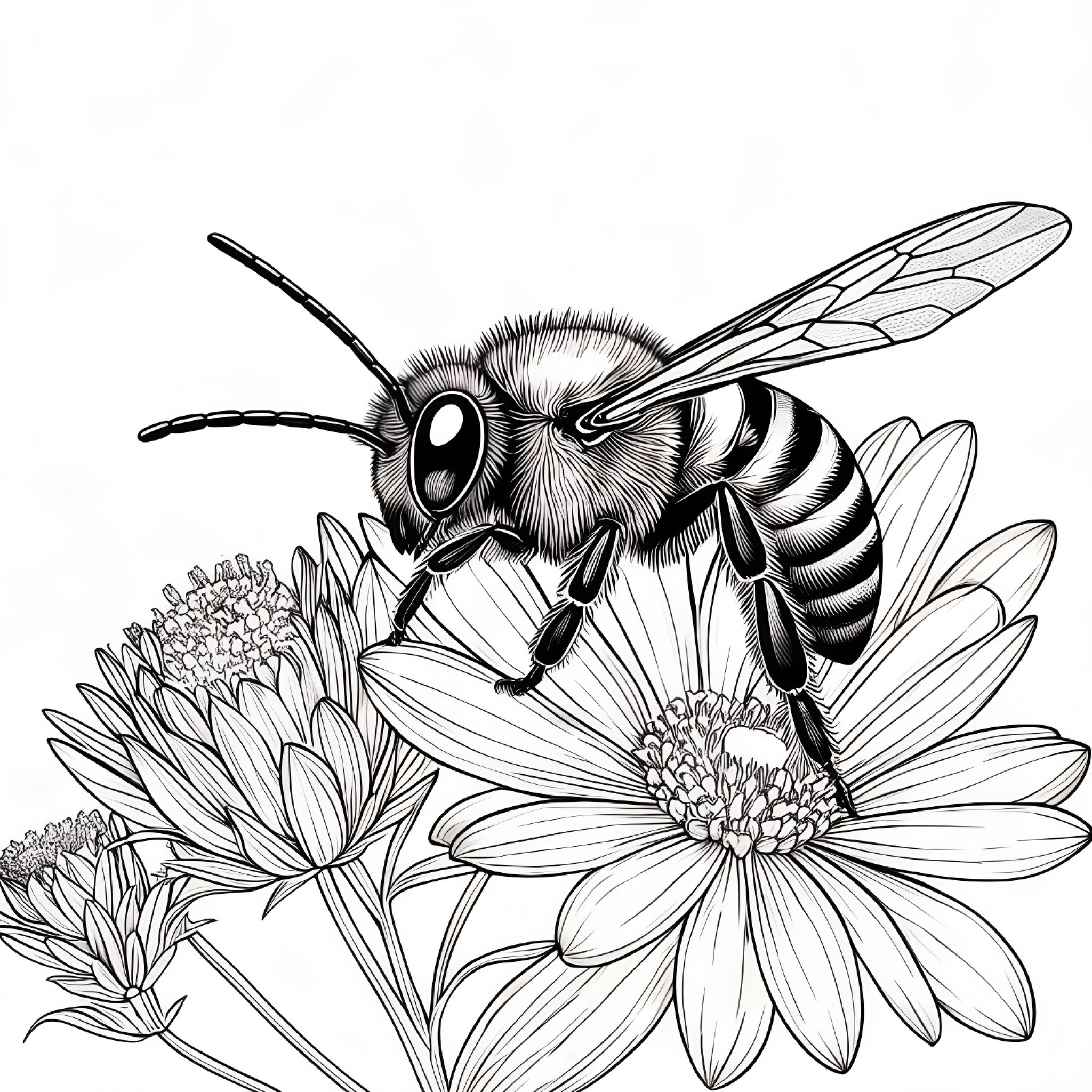 Bee enjoying a nectar drink Coloring Page (free black-and-white line drawing printable PDF for all, from beginners to advanced learners, including children, teens, adults, and seniors)