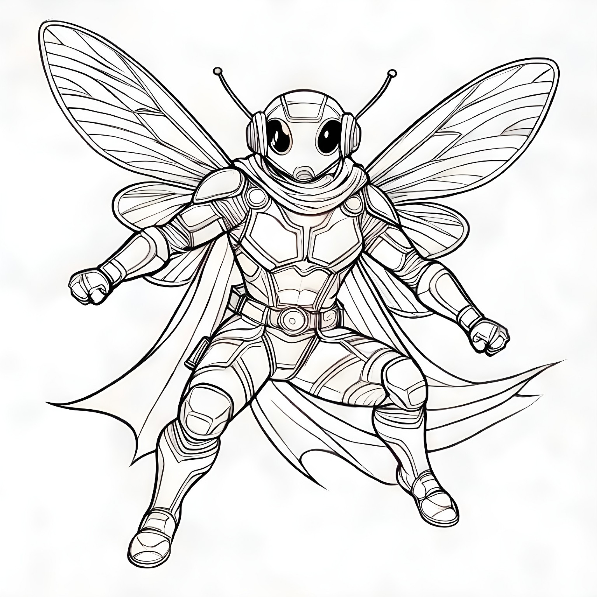 Bee in a superhero pose Coloring Page (free black-and-white line drawing printable PDF for all, from beginners to advanced learners, including children, teens, adults, and seniors)