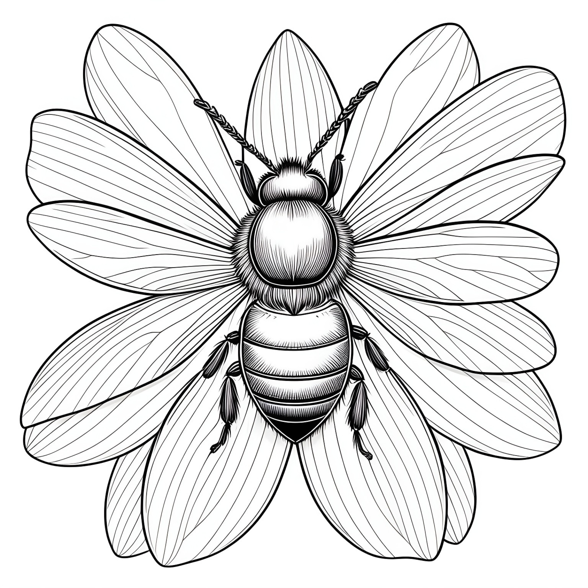 Bee peeking out from behind a petal Coloring Page (free black-and-white line drawing printable PDF for all, from beginners to advanced learners, including children, teens, adults, and seniors)