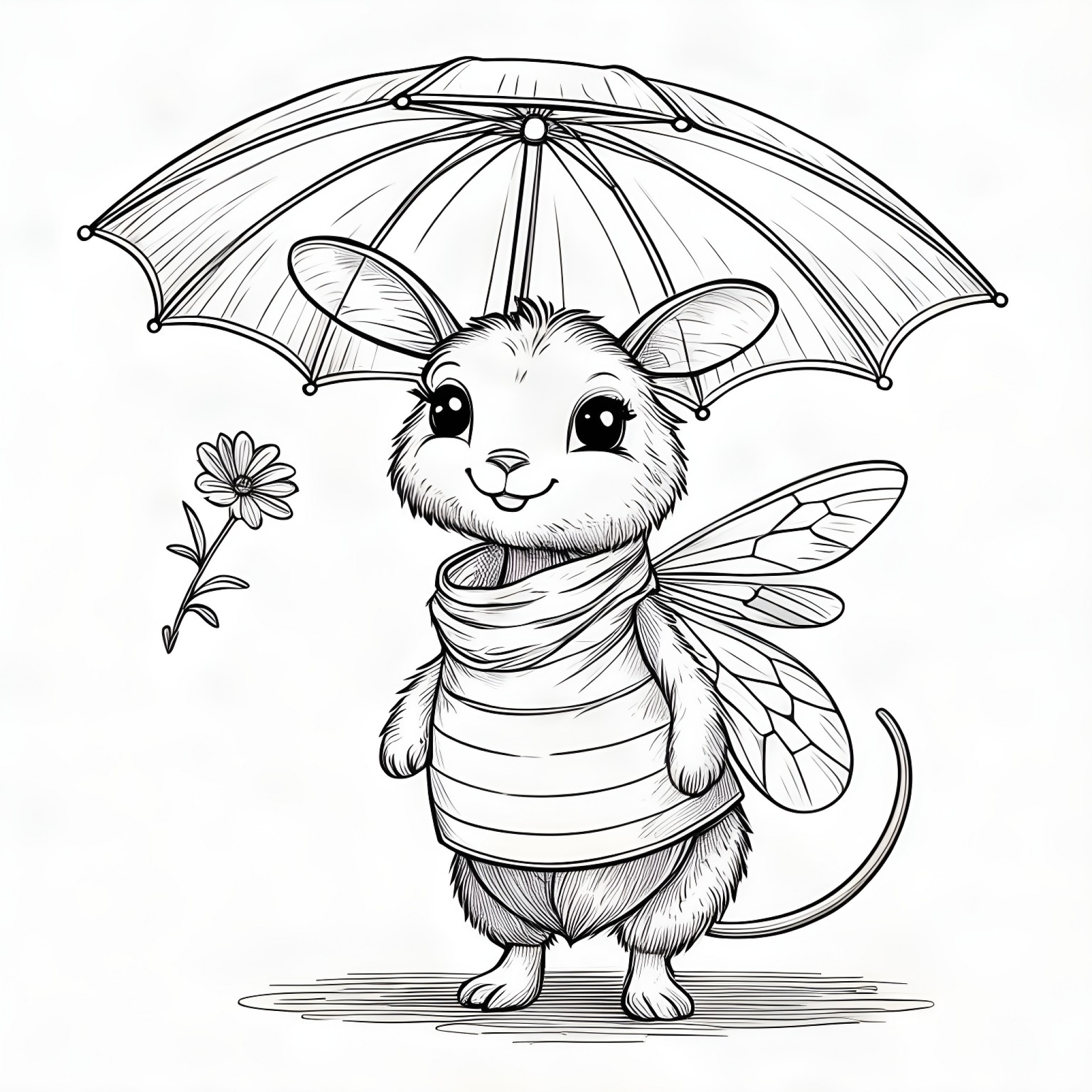 Bee holding a tiny umbrella Coloring Page (free black-and-white line drawing printable PDF for all, from beginners to advanced learners, including children, teens, adults, and seniors)