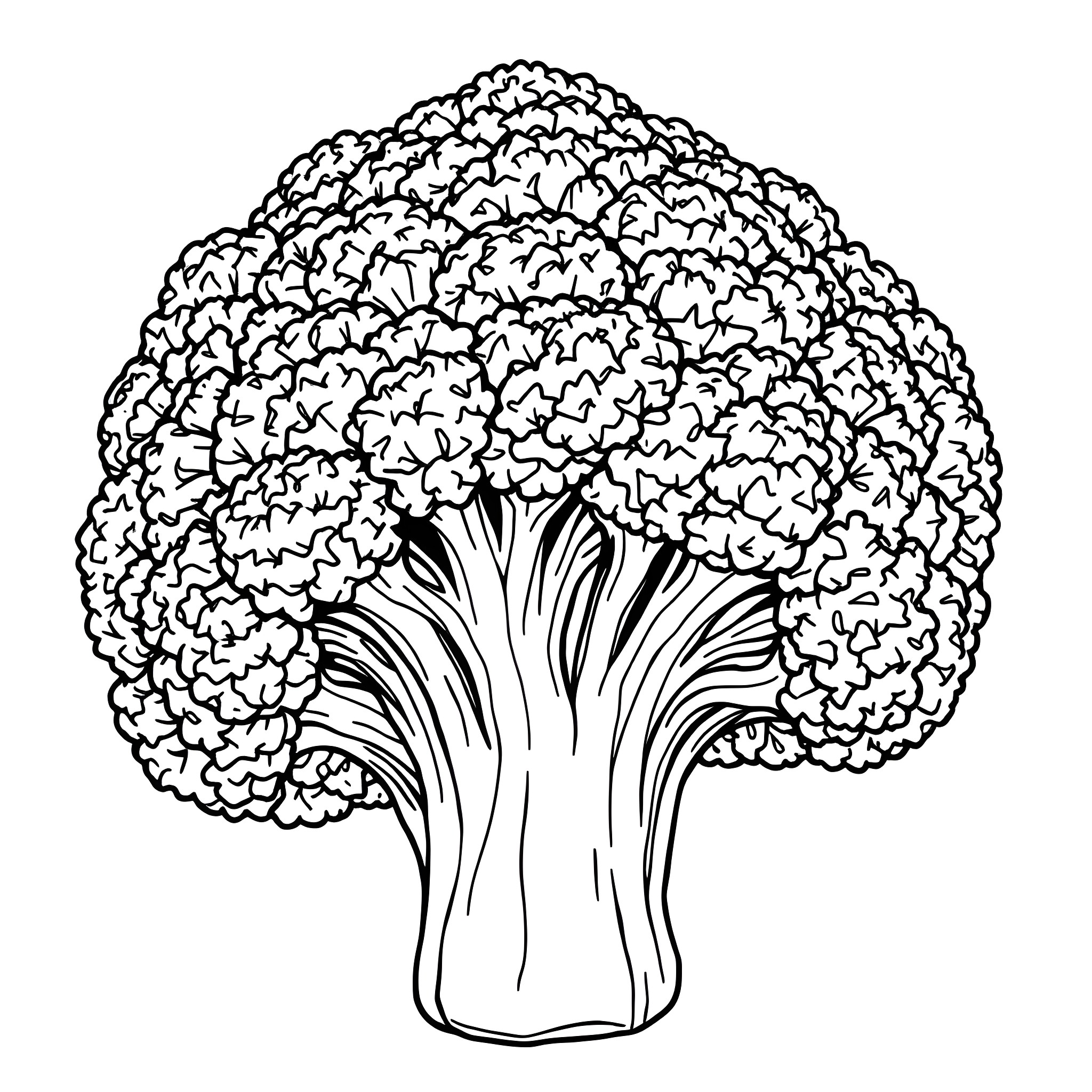 Broccoli in a detailed botanical illustration Coloring Page (free black-and-white line drawing printable PDF for all, from beginners to advanced learners, including children, teens, adults, and seniors)
