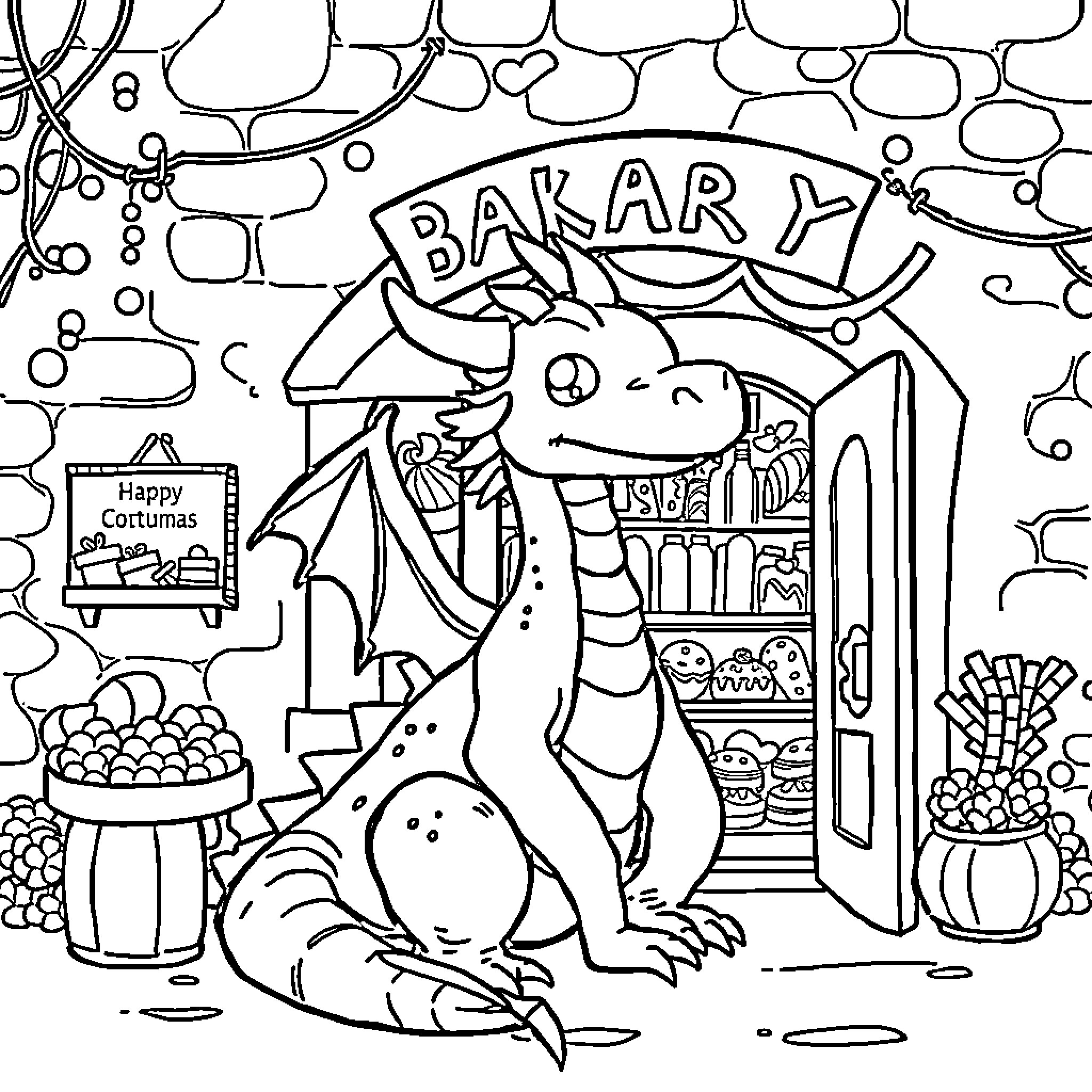 Dragon celebrating at a Bakery shop Coloring Page (free black-and-white line drawing printable PDF for all, from beginners to advanced learners, including children, teens, adults, and seniors)
