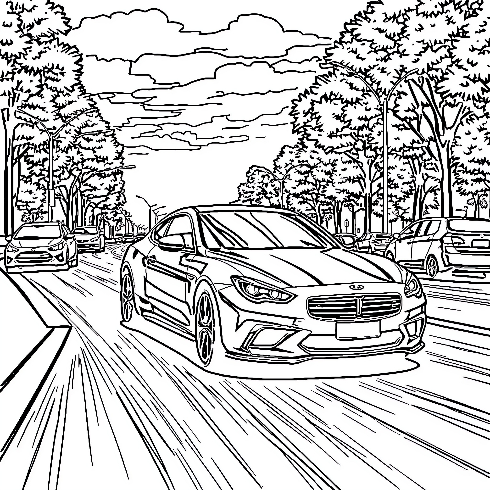 Car speeding through scenic forest landscape Coloring Page (free black-and-white line drawing printable PDF for all, from beginners to advanced learners, including children, teens, adults, and seniors)