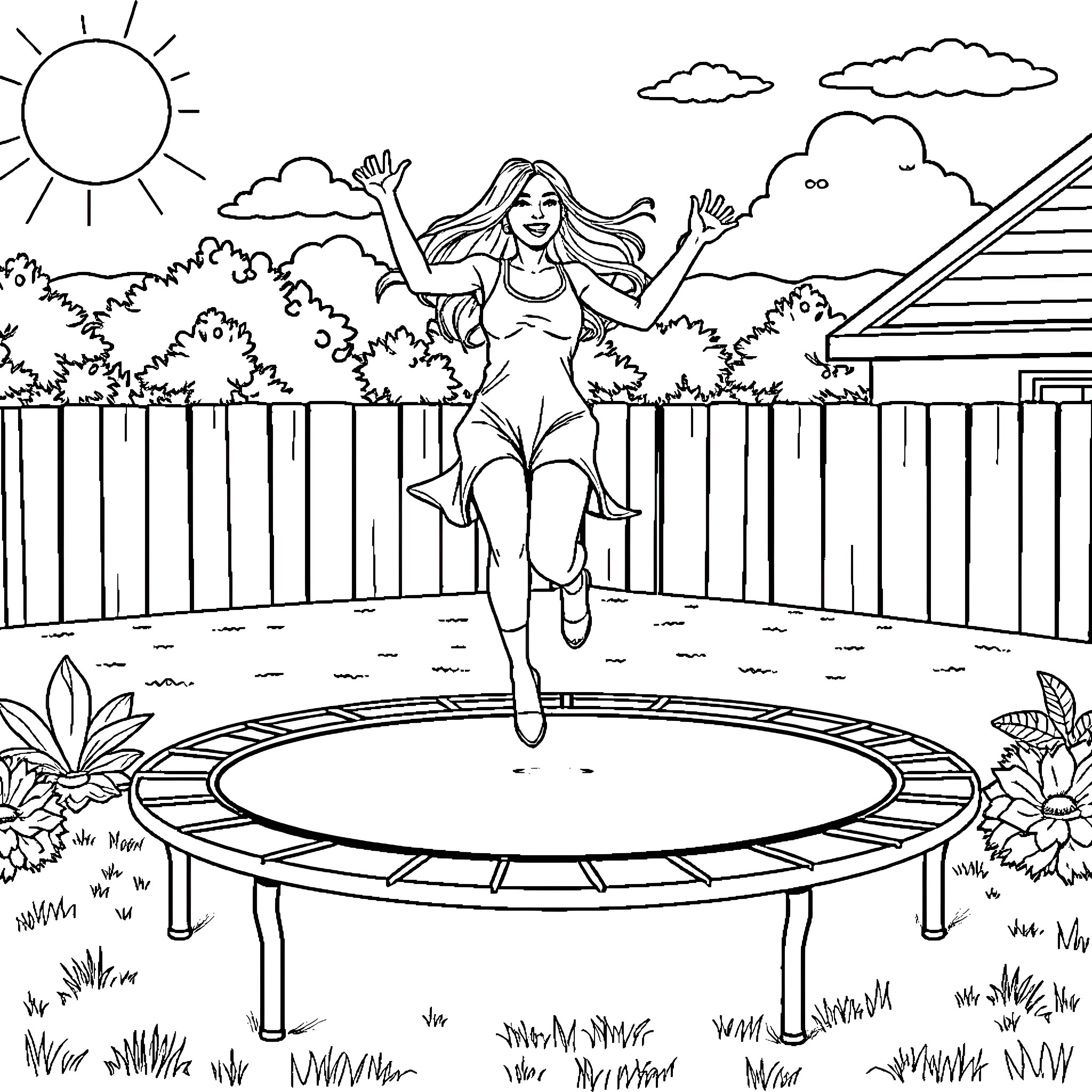 Lady joyfully jumping on trampoline in backyard Coloring Page (free black-and-white line drawing printable PDF for all, from beginners to advanced learners, including children, teens, adults, and seniors)