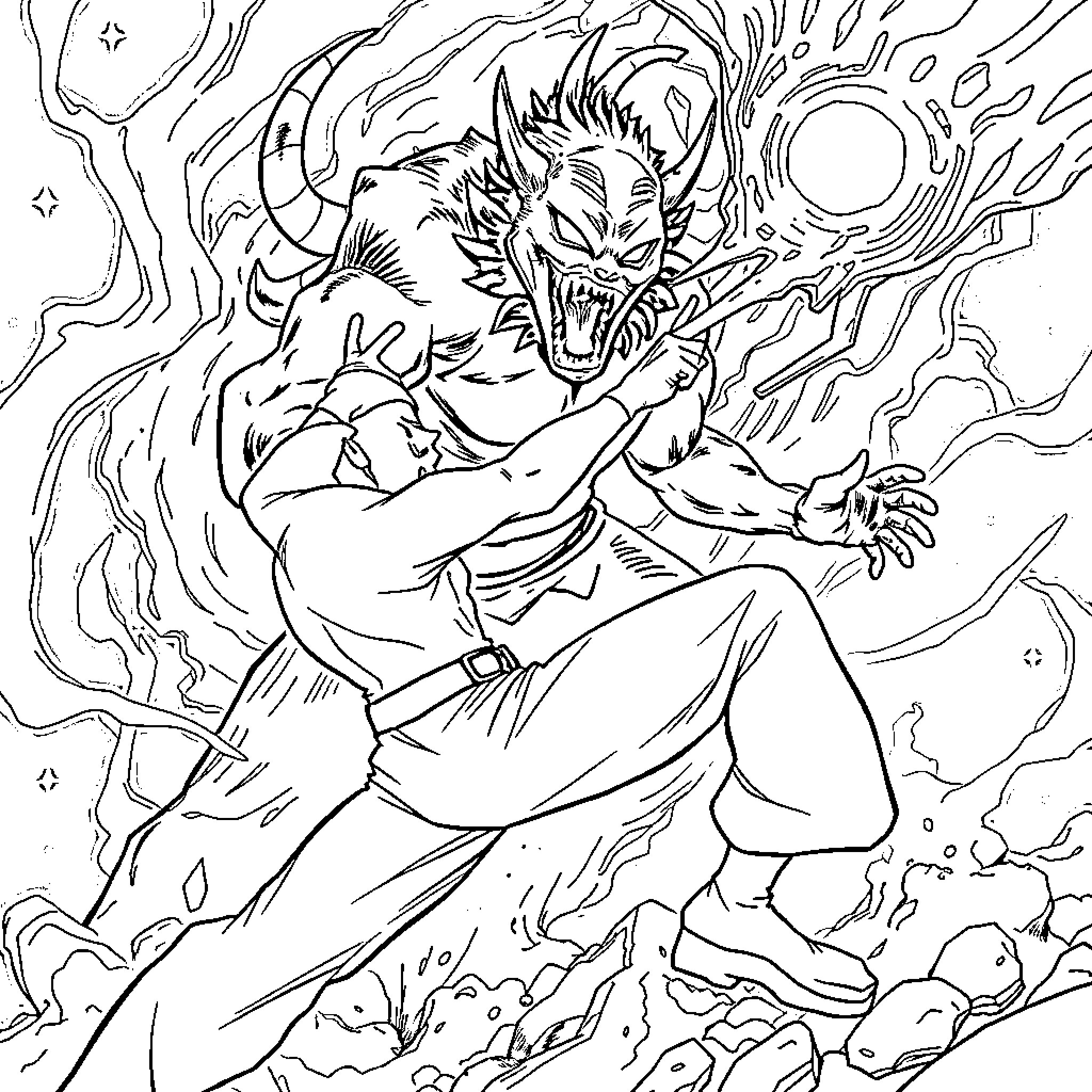 Saitama's Powerful Punch Through the Storm Coloring Page (free black-and-white line drawing printable PDF for all, from beginners to advanced learners, including children, teens, adults, and seniors)