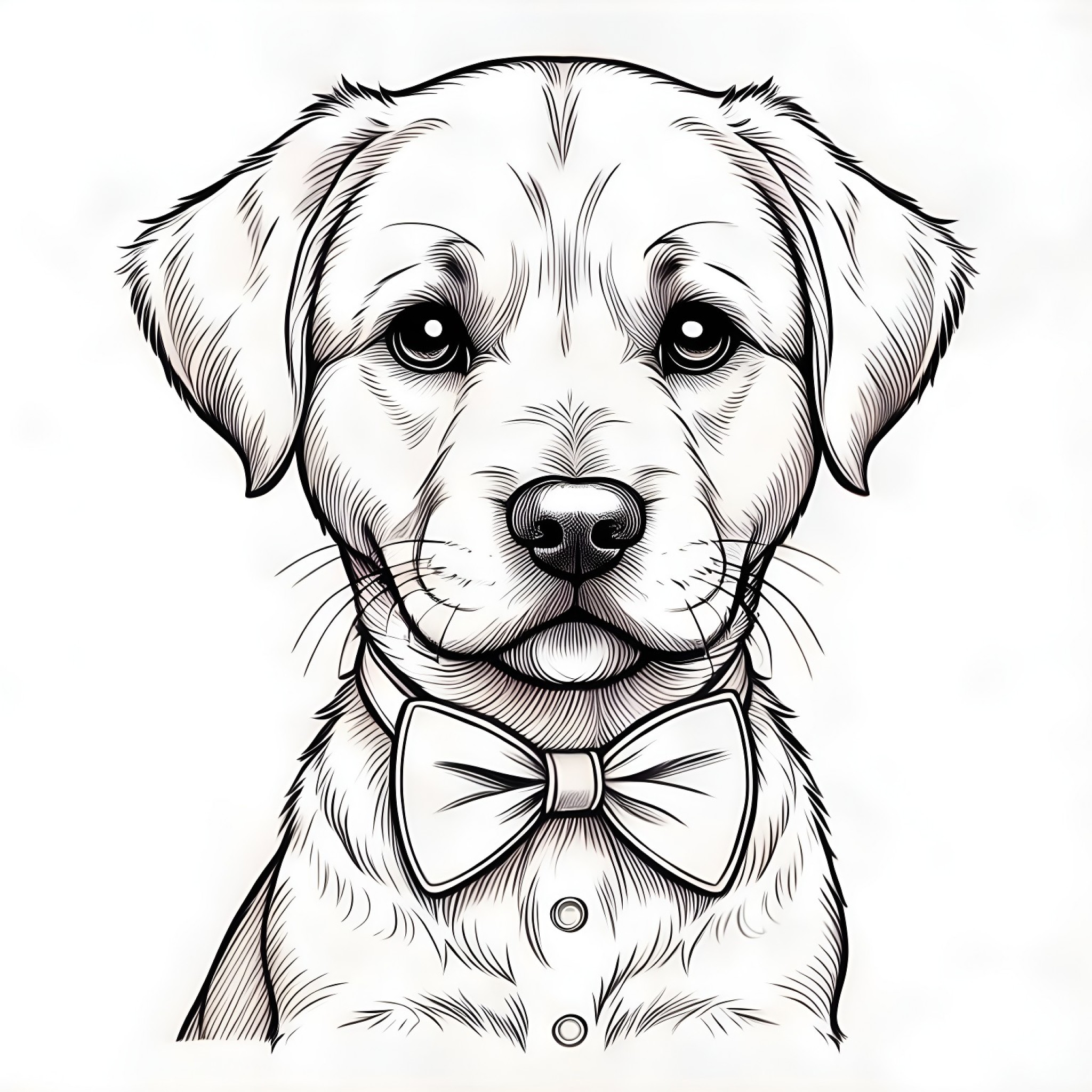 Labrador Retriever wearing a bow tie Coloring Page (free black-and-white line drawing printable PDF for all, from beginners to advanced learners, including children, teens, adults, and seniors)