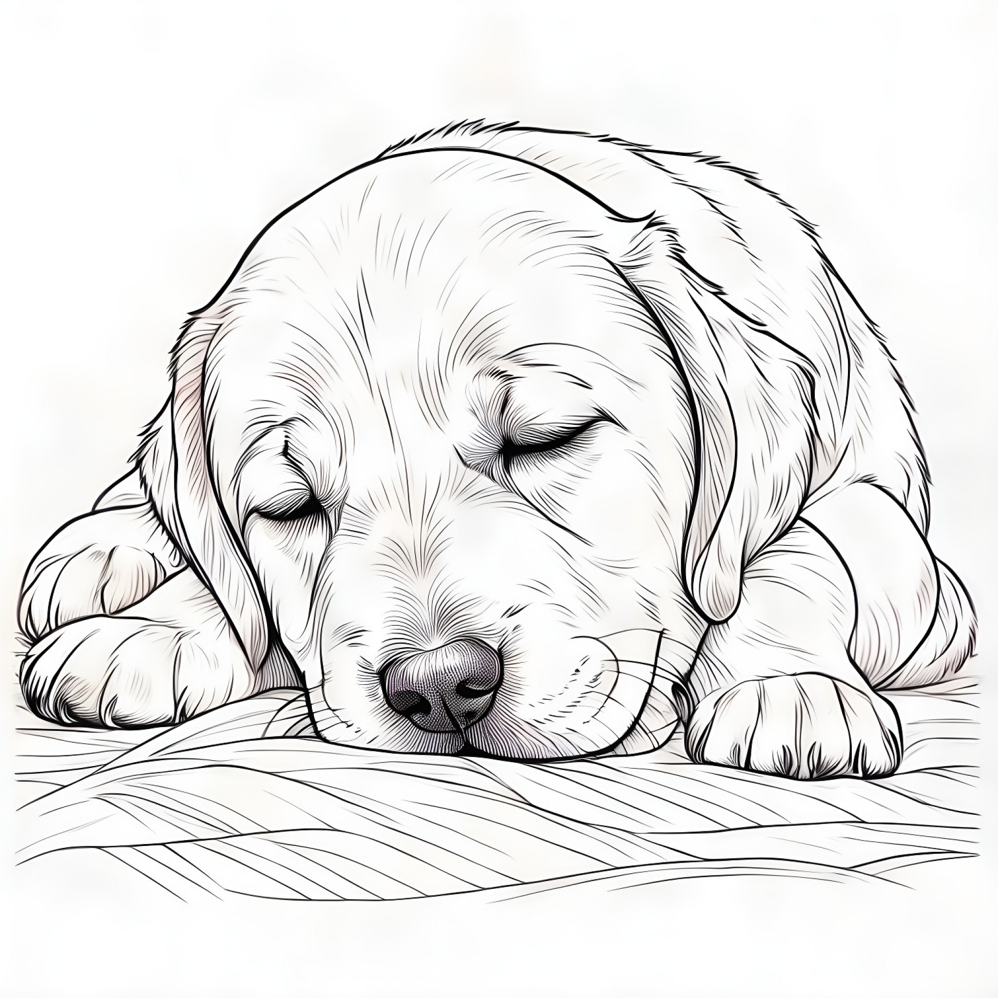 Labrador Retriever sleeping peacefully Coloring Page (free black-and-white line drawing printable PDF for all, from beginners to advanced learners, including children, teens, adults, and seniors)
