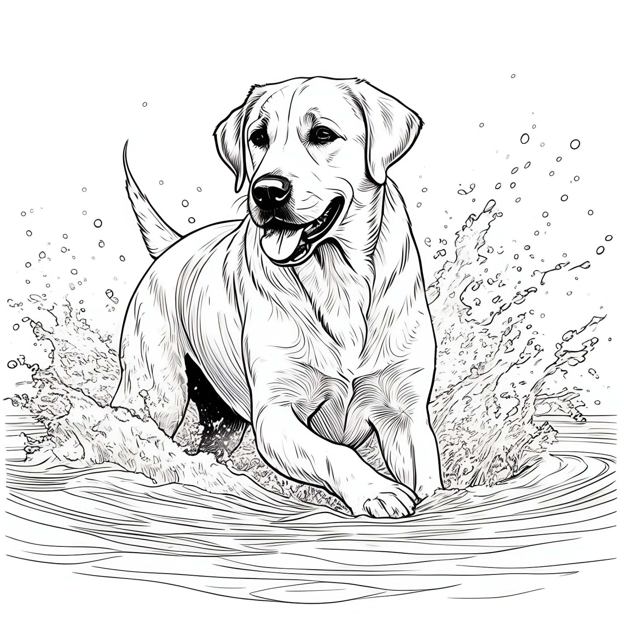 Labrador Retriever splashing in water Coloring Page (free black-and-white line drawing printable PDF for all, from beginners to advanced learners, including children, teens, adults, and seniors)
