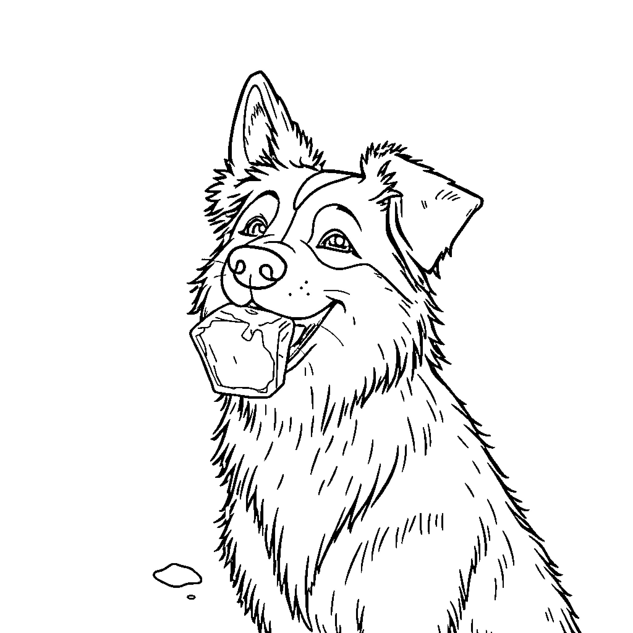 Hund playing with toy in the yard Coloring Page (free black-and-white line drawing printable PDF for all, from beginners to advanced learners, including children, teens, adults, and seniors)