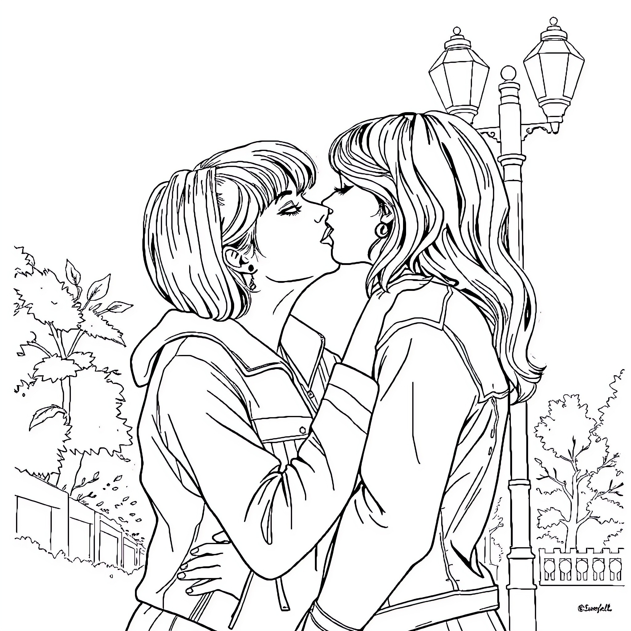 Sabrina Carpenter - Intimate Embrace on a City Street Coloring Page (free black-and-white line drawing printable PDF for all, from beginners to advanced learners, including children, teens, adults, and seniors)