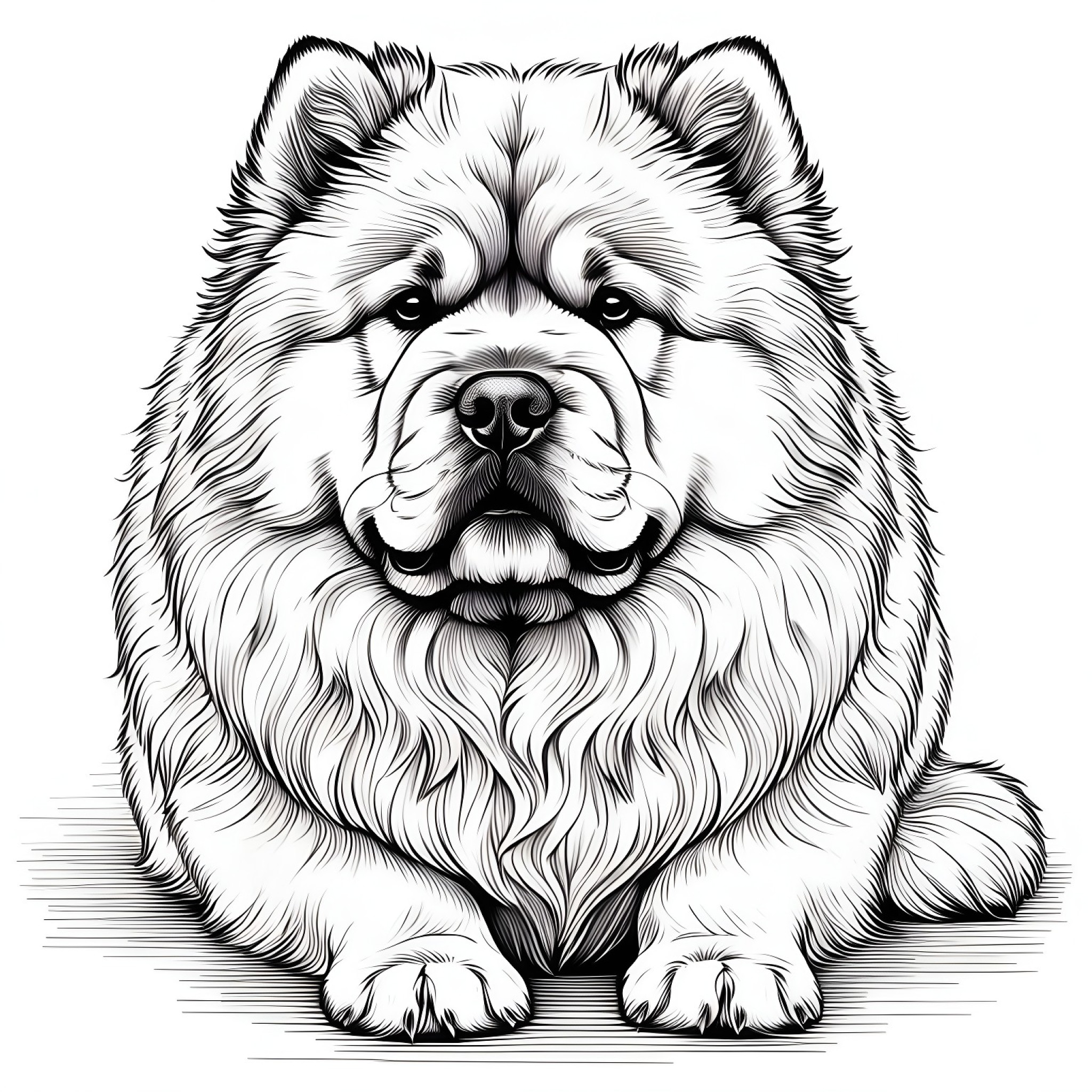 Chow Chow lying on floor Coloring Page (free black-and-white line drawing printable PDF for all, from beginners to advanced learners, including children, teens, adults, and seniors)