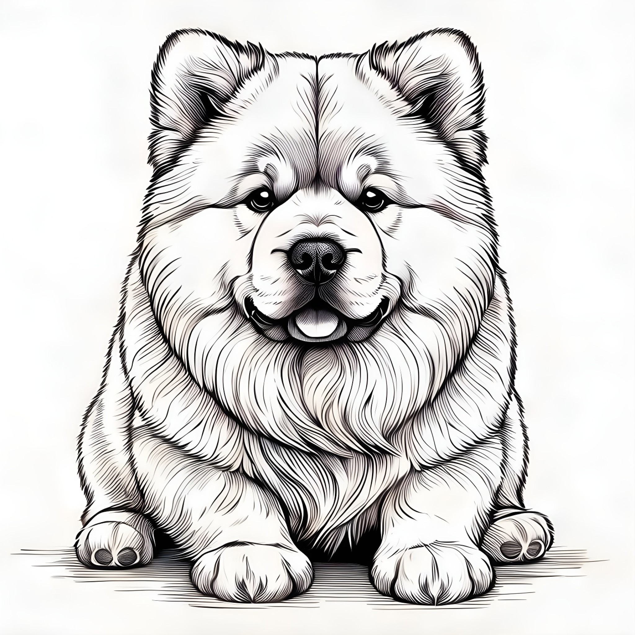 Chow Chow sitting obediently Coloring Page (free black-and-white line drawing printable PDF for all, from beginners to advanced learners, including children, teens, adults, and seniors)