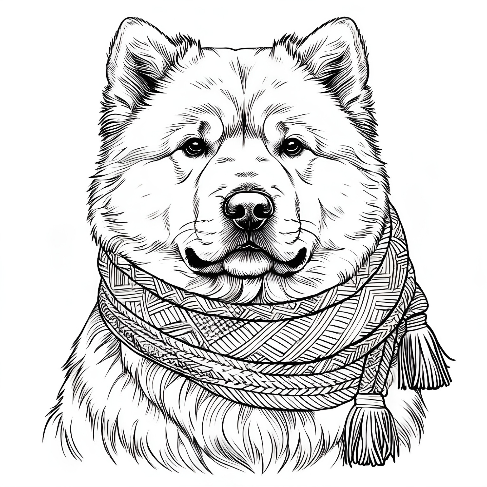 Chow Chow in a winter scarf Coloring Page (free black-and-white line drawing printable PDF for all, from beginners to advanced learners, including children, teens, adults, and seniors)