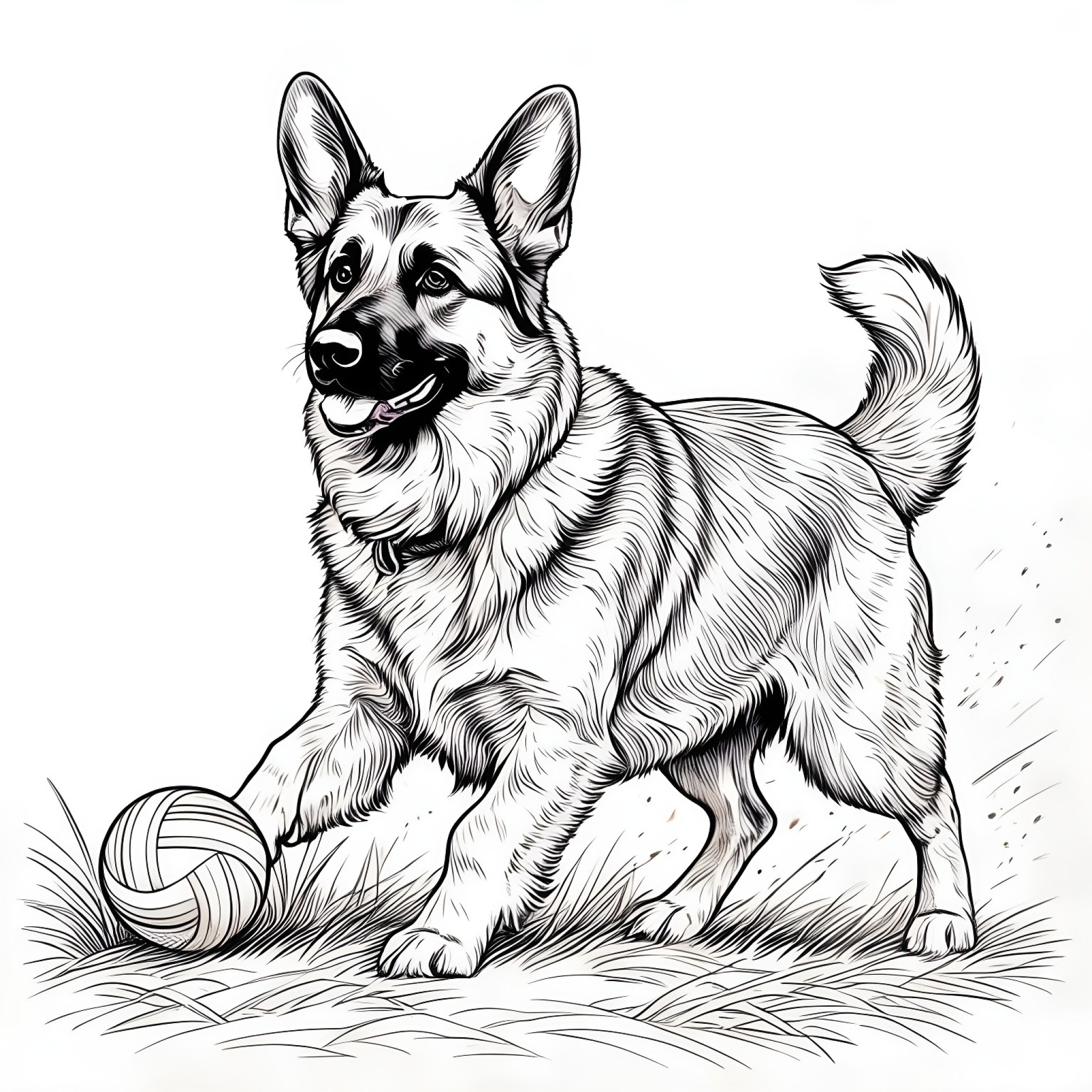 German Shepherd Dog playing with a ball Coloring Page (free black-and-white line drawing printable PDF for all, from beginners to advanced learners, including children, teens, adults, and seniors)