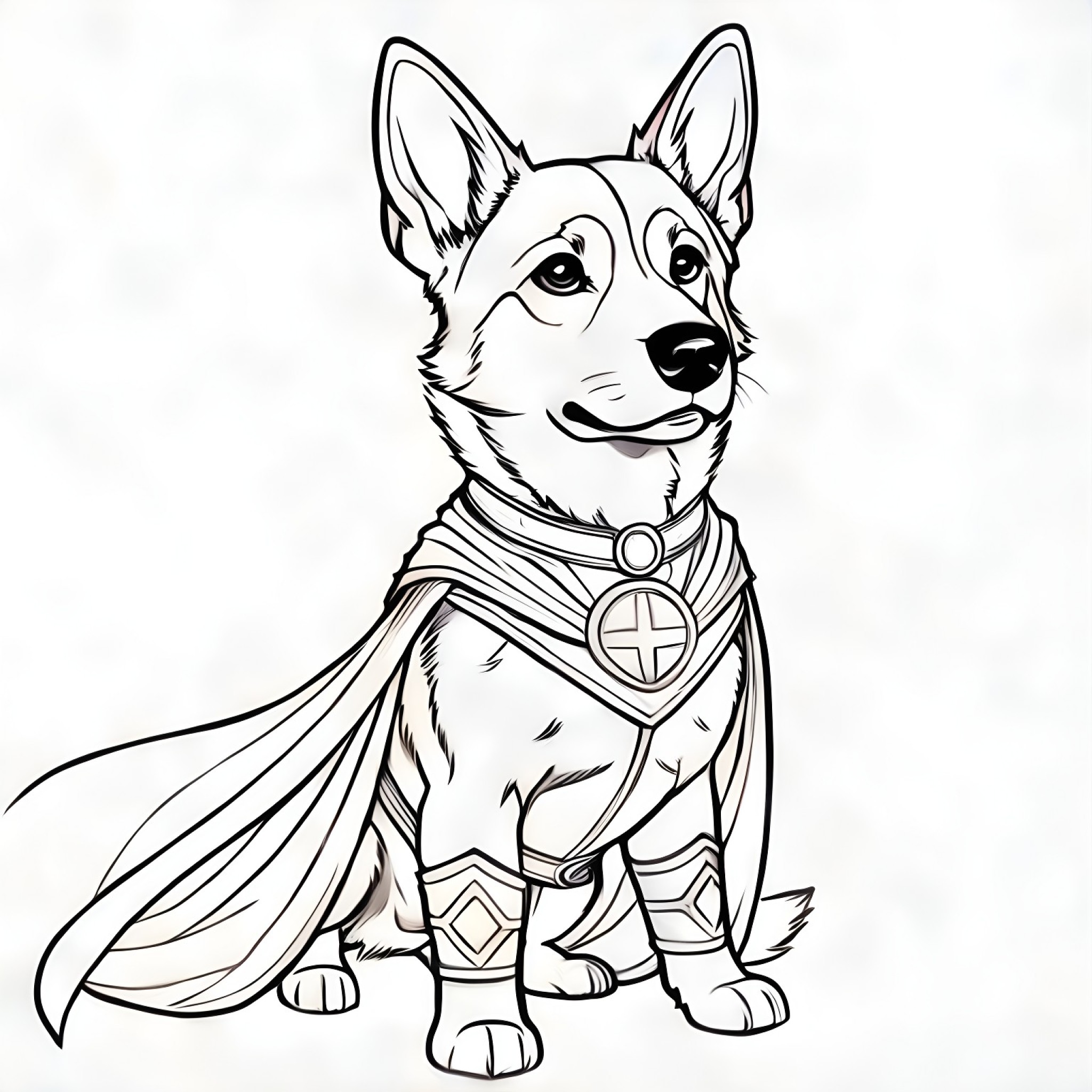 German Shepherd Dog in a superhero costume Coloring Page (free black-and-white line drawing printable PDF for all, from beginners to advanced learners, including children, teens, adults, and seniors)