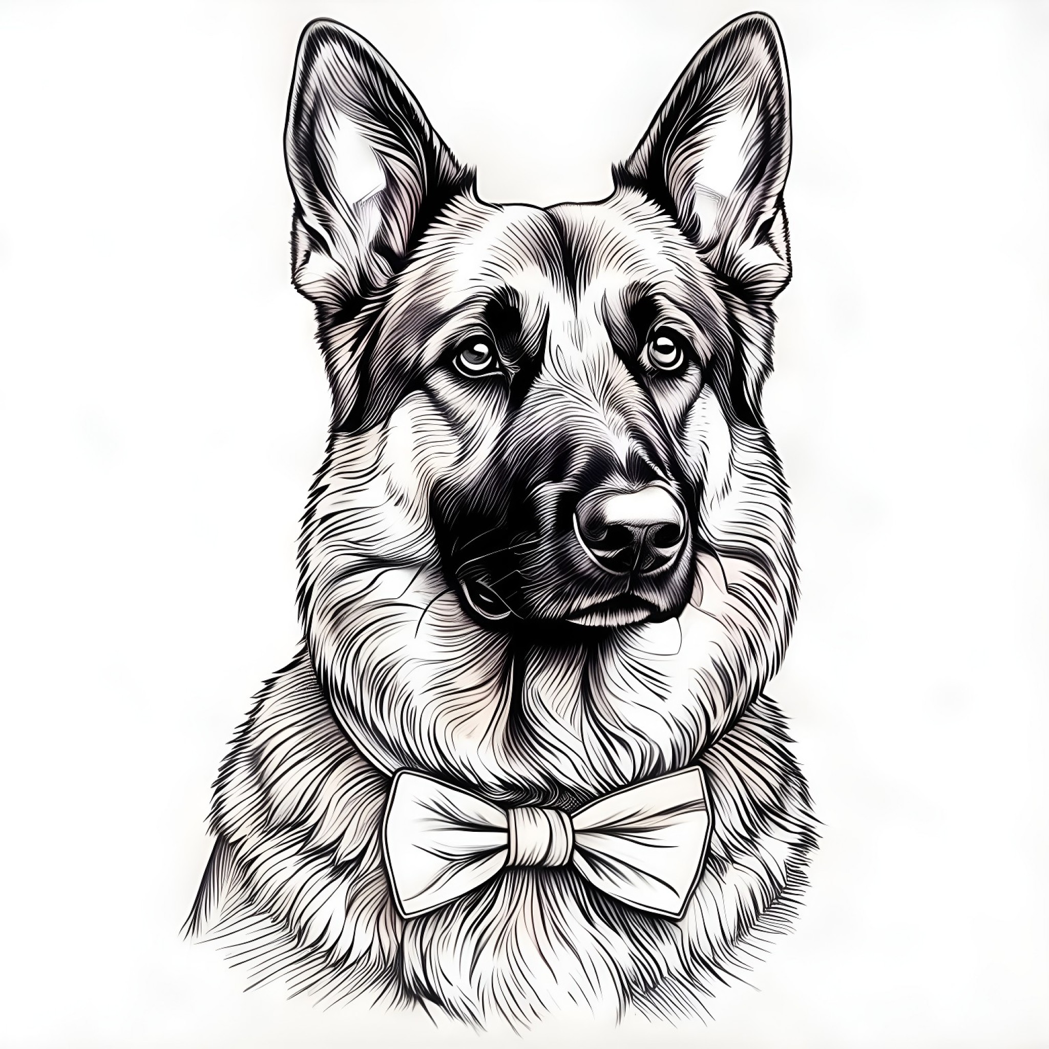 German Shepherd Dog with a bow tie Coloring Page (free black-and-white line drawing printable PDF for all, from beginners to advanced learners, including children, teens, adults, and seniors)