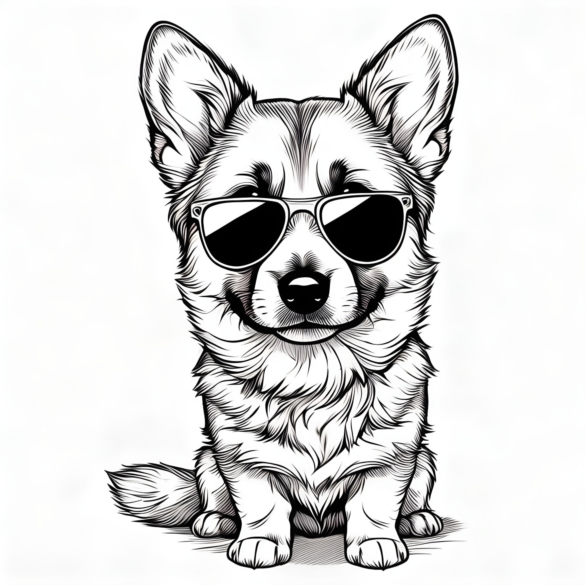 German Shepherd Dog wearing sunglasses Coloring Page (free black-and-white line drawing printable PDF for all, from beginners to advanced learners, including children, teens, adults, and seniors)