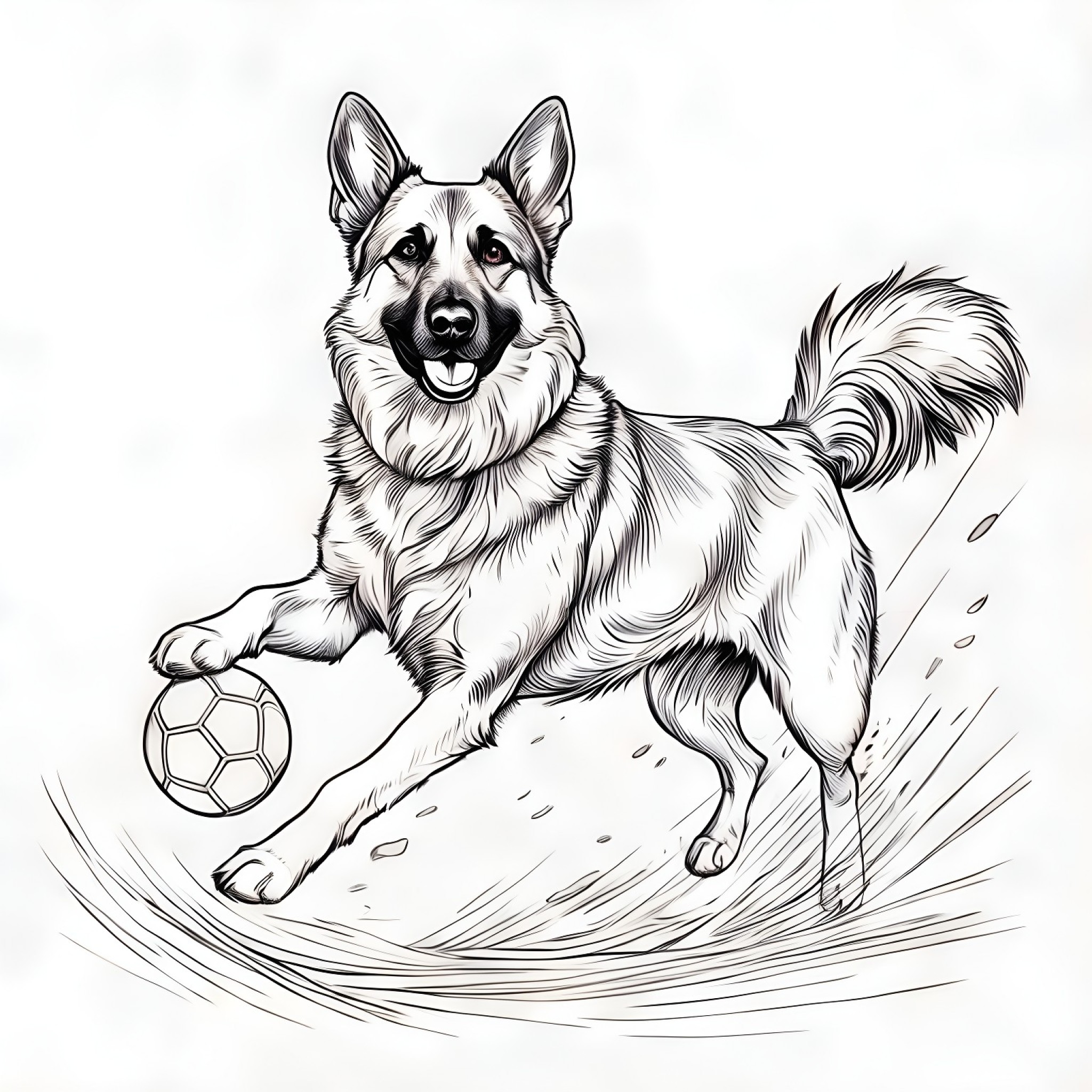 German Shepherd Dog playing soccer Coloring Page (free black-and-white line drawing printable PDF for all, from beginners to advanced learners, including children, teens, adults, and seniors)