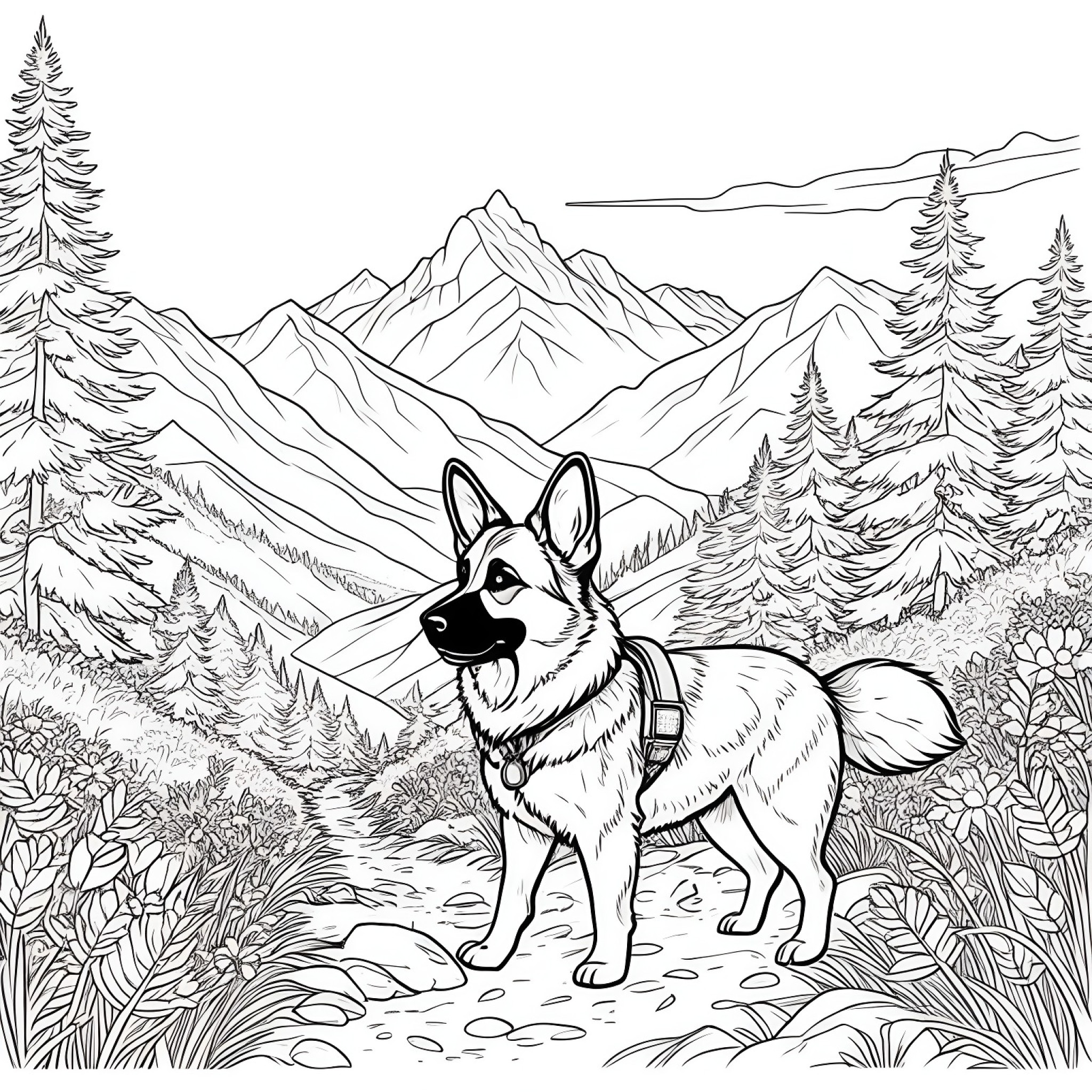German Shepherd Dog hiking in nature Coloring Page (free black-and-white line drawing printable PDF for all, from beginners to advanced learners, including children, teens, adults, and seniors)