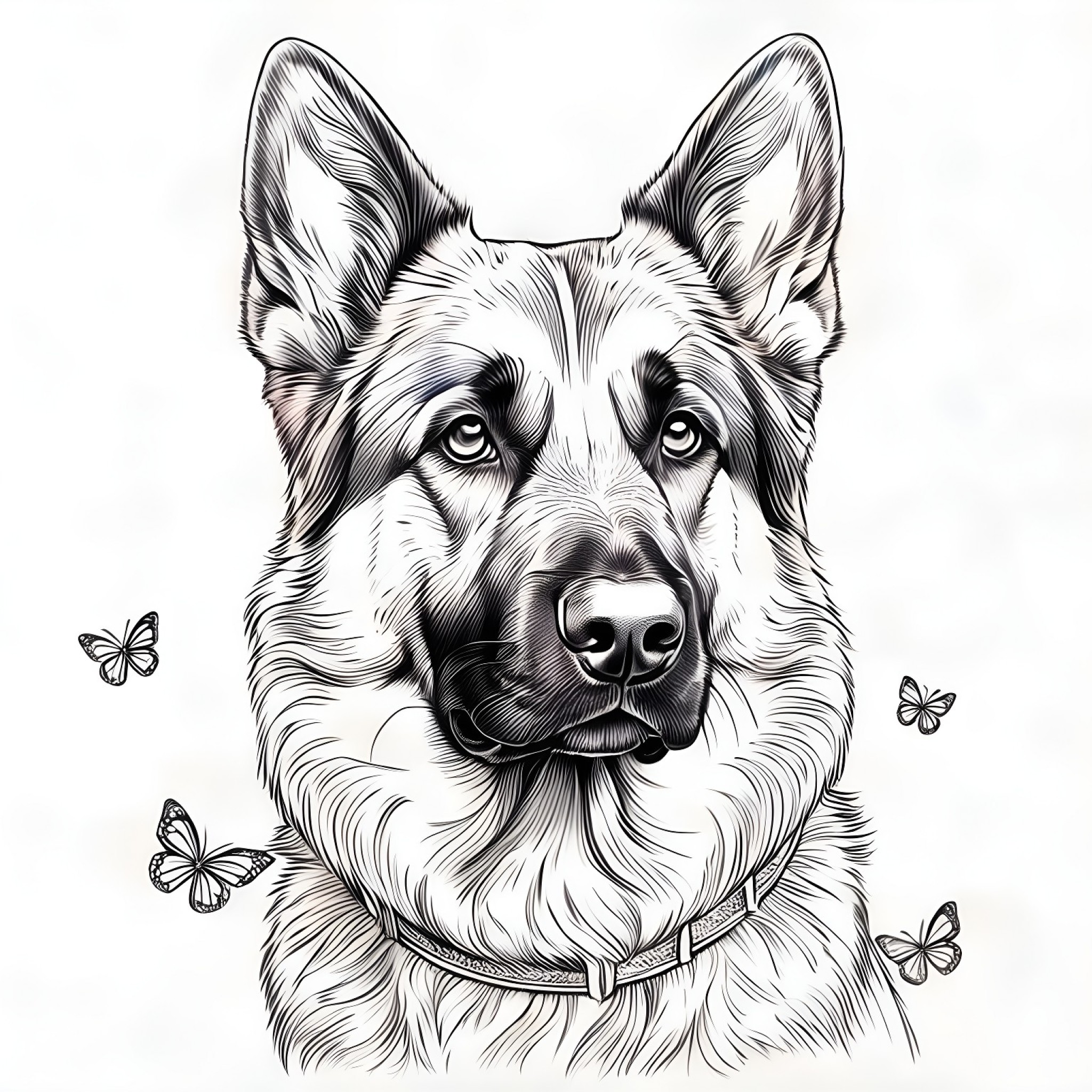 German Shepherd Dog with butterflies around Coloring Page (free black-and-white line drawing printable PDF for all, from beginners to advanced learners, including children, teens, adults, and seniors)