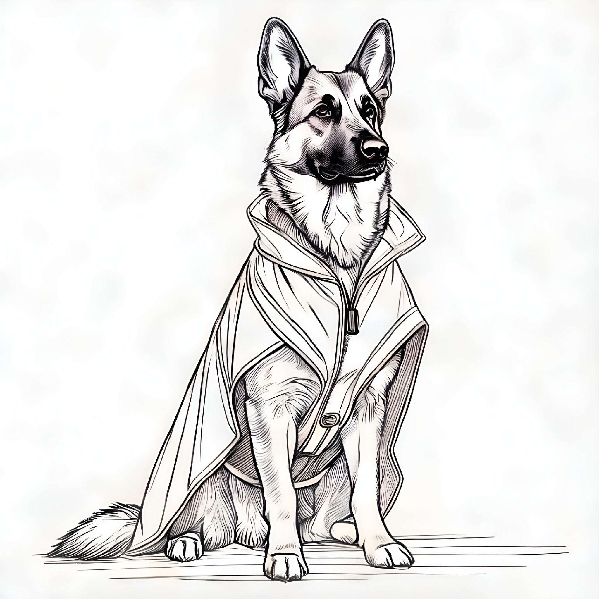 German Shepherd Dog in a raincoat Coloring Page (free black-and-white line drawing printable PDF for all, from beginners to advanced learners, including children, teens, adults, and seniors)
