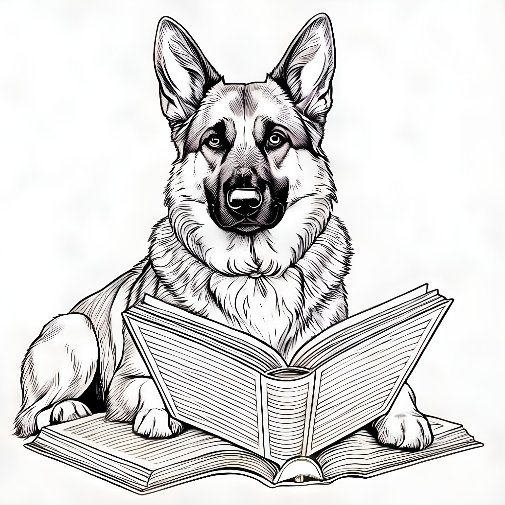 German Shepherd Dog reading a book Coloring Page (free black-and-white line drawing printable PDF for all, from beginners to advanced learners, including children, teens, adults, and seniors)