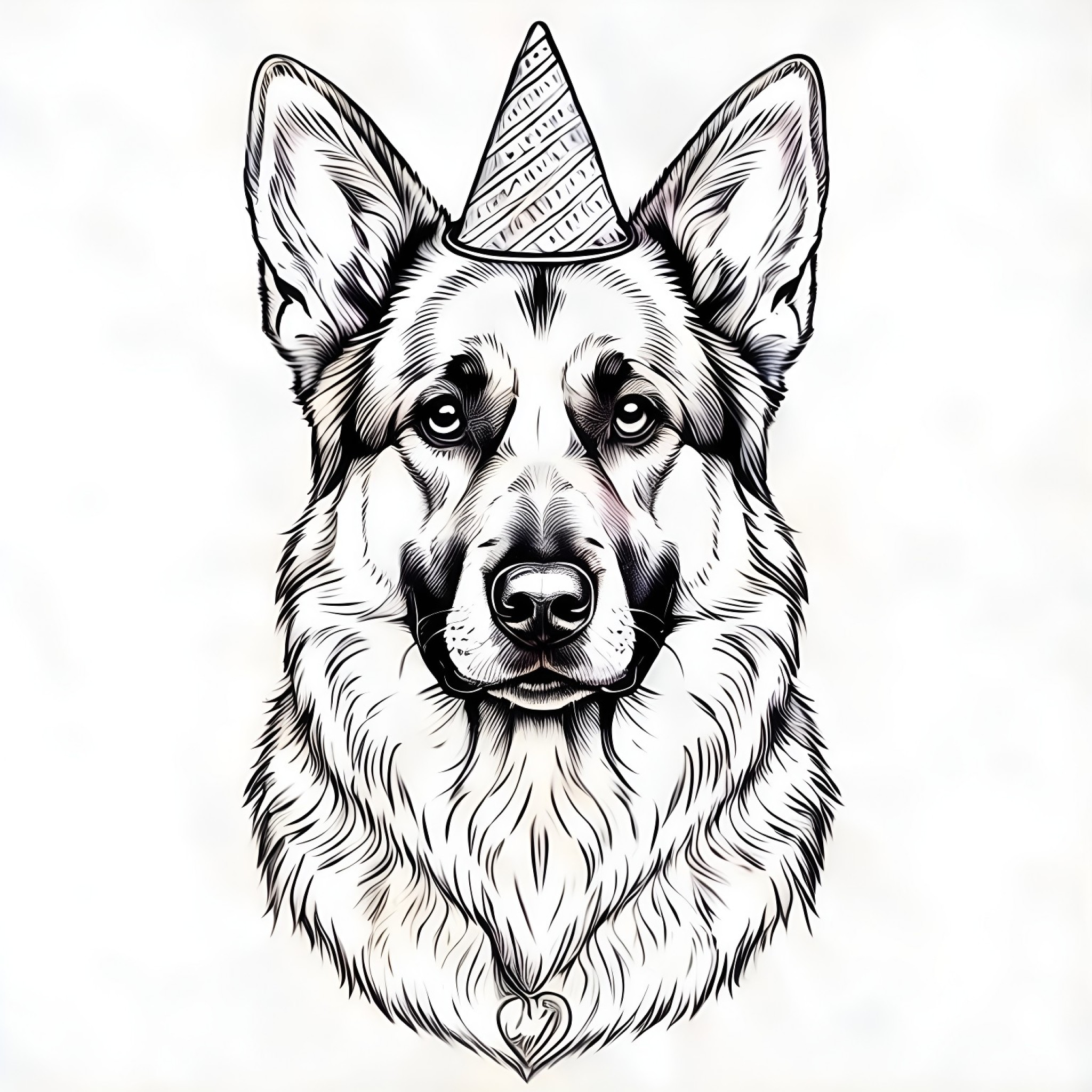 German Shepherd Dog with a birthday hat Coloring Page (free black-and-white line drawing printable PDF for all, from beginners to advanced learners, including children, teens, adults, and seniors)