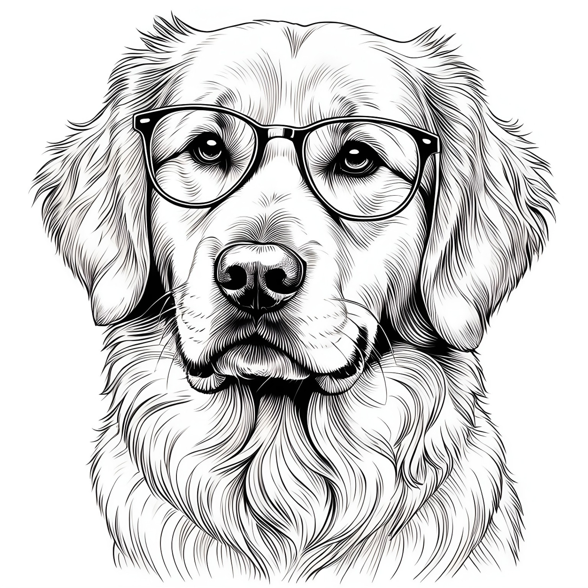 Golden Retriever wearing glasses Coloring Page (free black-and-white line drawing printable PDF for all, from beginners to advanced learners, including children, teens, adults, and seniors)