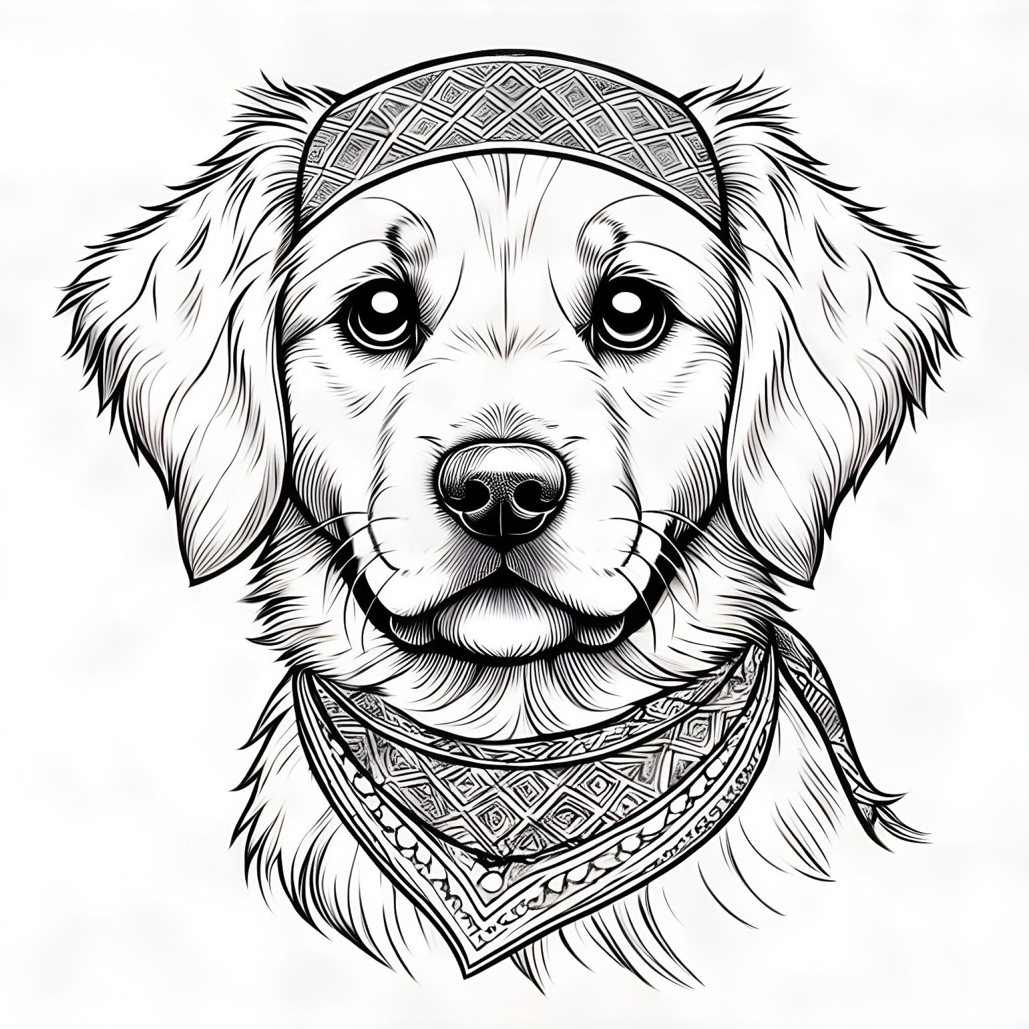 Golden Retriever with a bandana Coloring Page (free black-and-white line drawing printable PDF for all, from beginners to advanced learners, including children, teens, adults, and seniors)