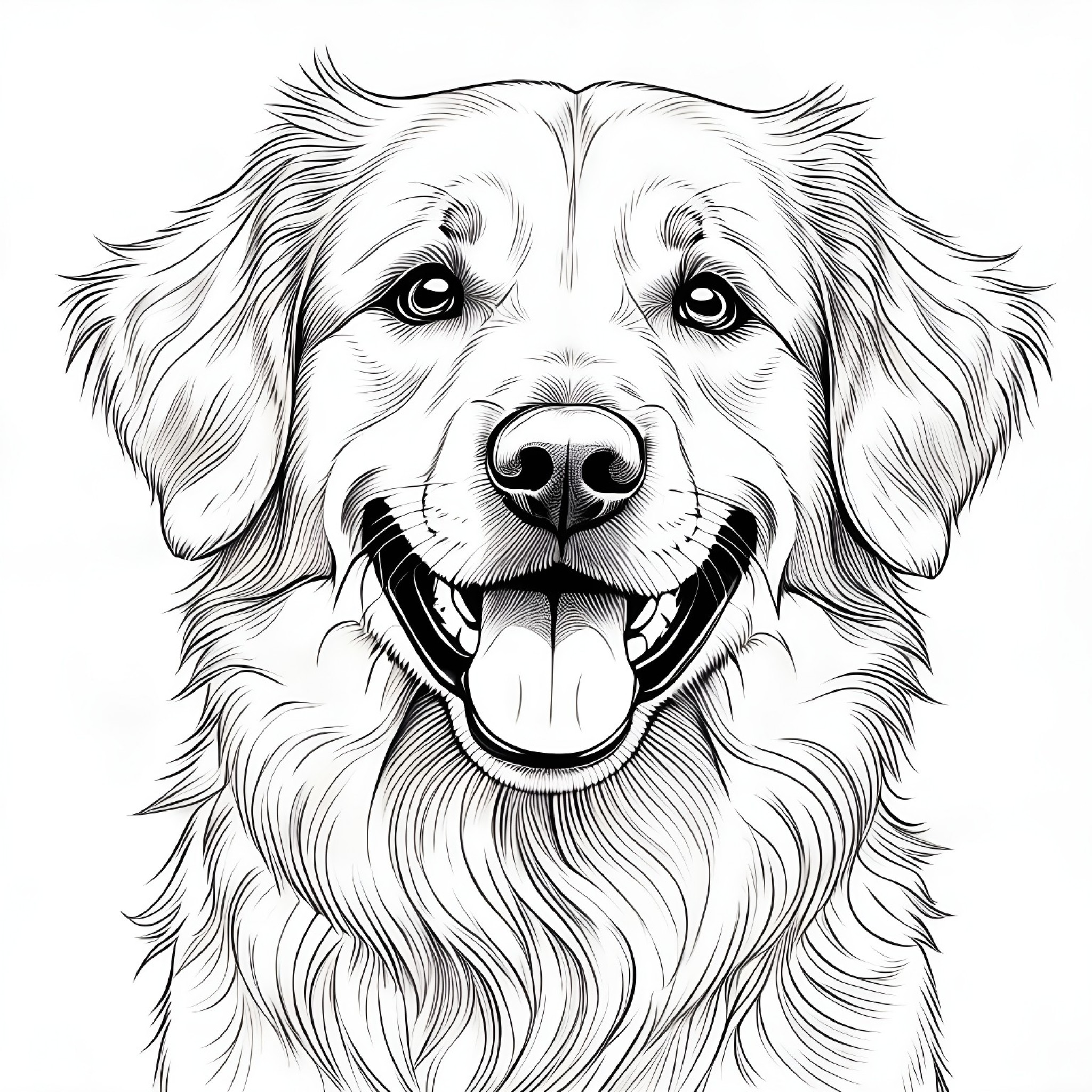 Golden Retriever with a big smile Coloring Page (free black-and-white line drawing printable PDF for all, from beginners to advanced learners, including children, teens, adults, and seniors)