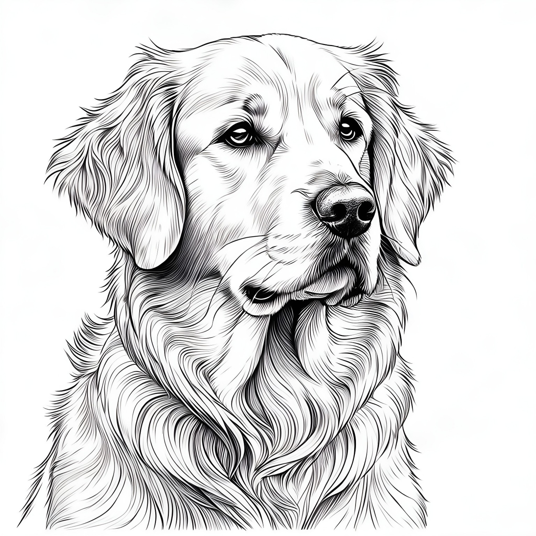 Golden Retriever looking contemplative Coloring Page (free black-and-white line drawing printable PDF for all, from beginners to advanced learners, including children, teens, adults, and seniors)