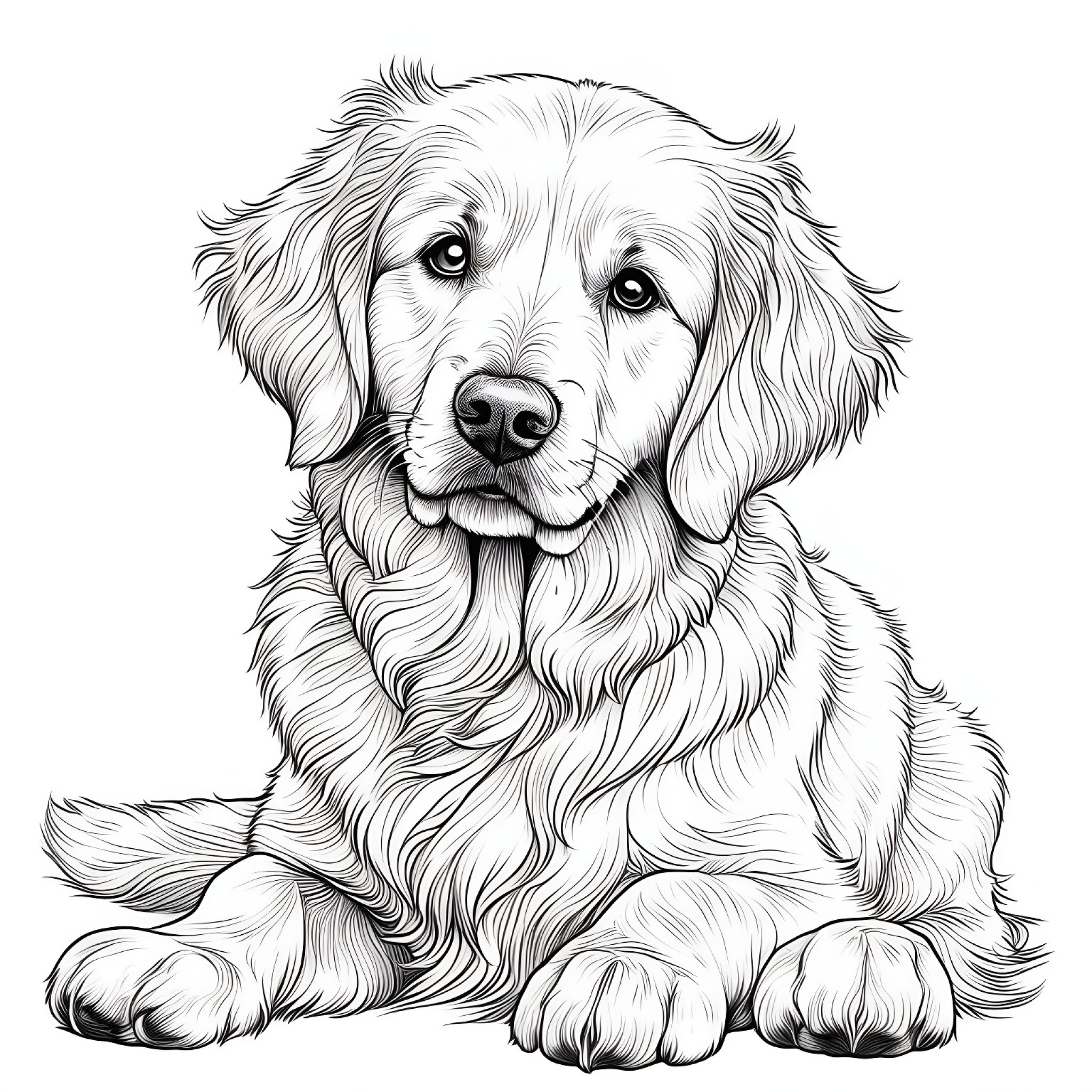 Golden Retriever looking curious Coloring Page (free black-and-white line drawing printable PDF for all, from beginners to advanced learners, including children, teens, adults, and seniors)
