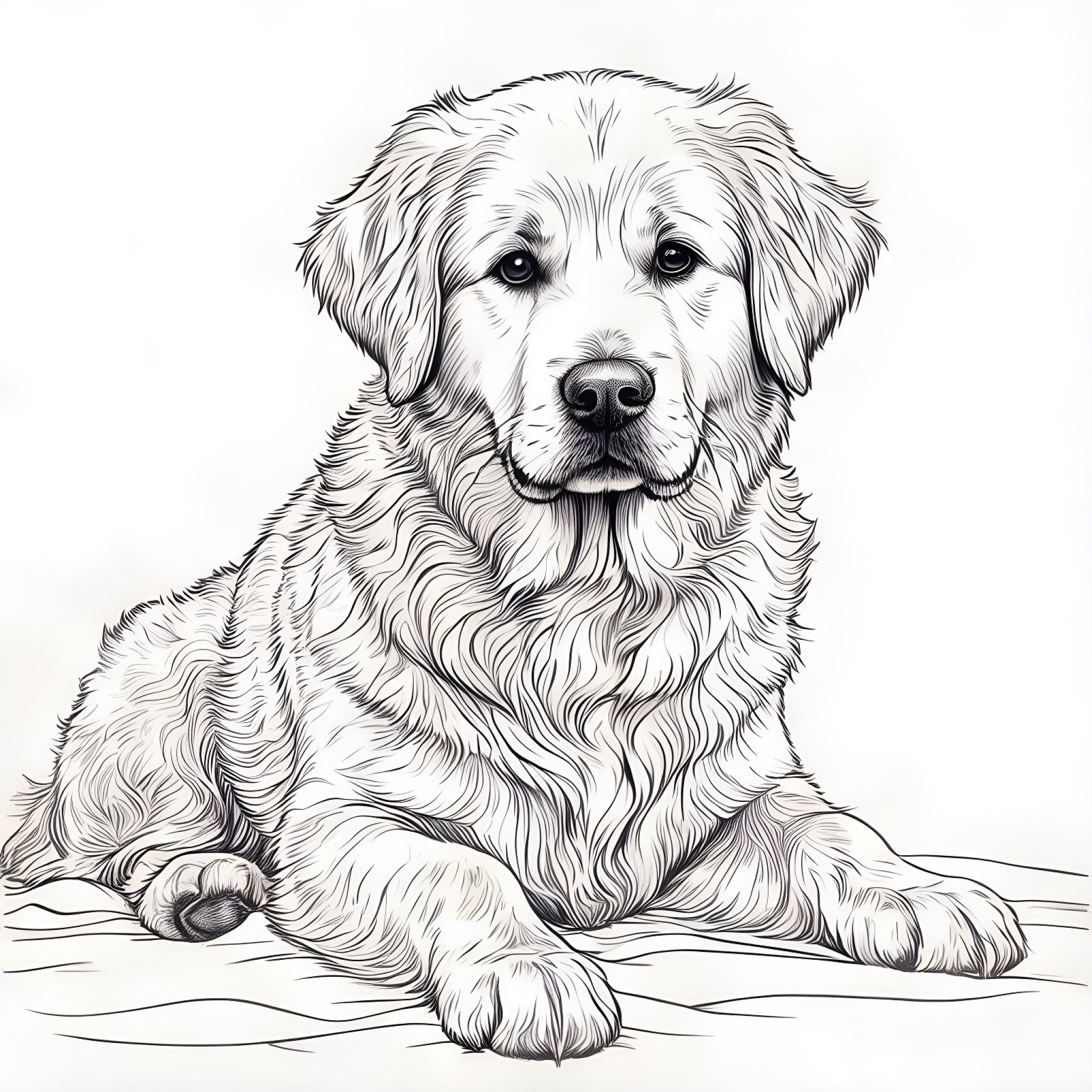 Golden Retriever with a neutral expression Coloring Page (free black-and-white line drawing printable PDF for all, from beginners to advanced learners, including children, teens, adults, and seniors)
