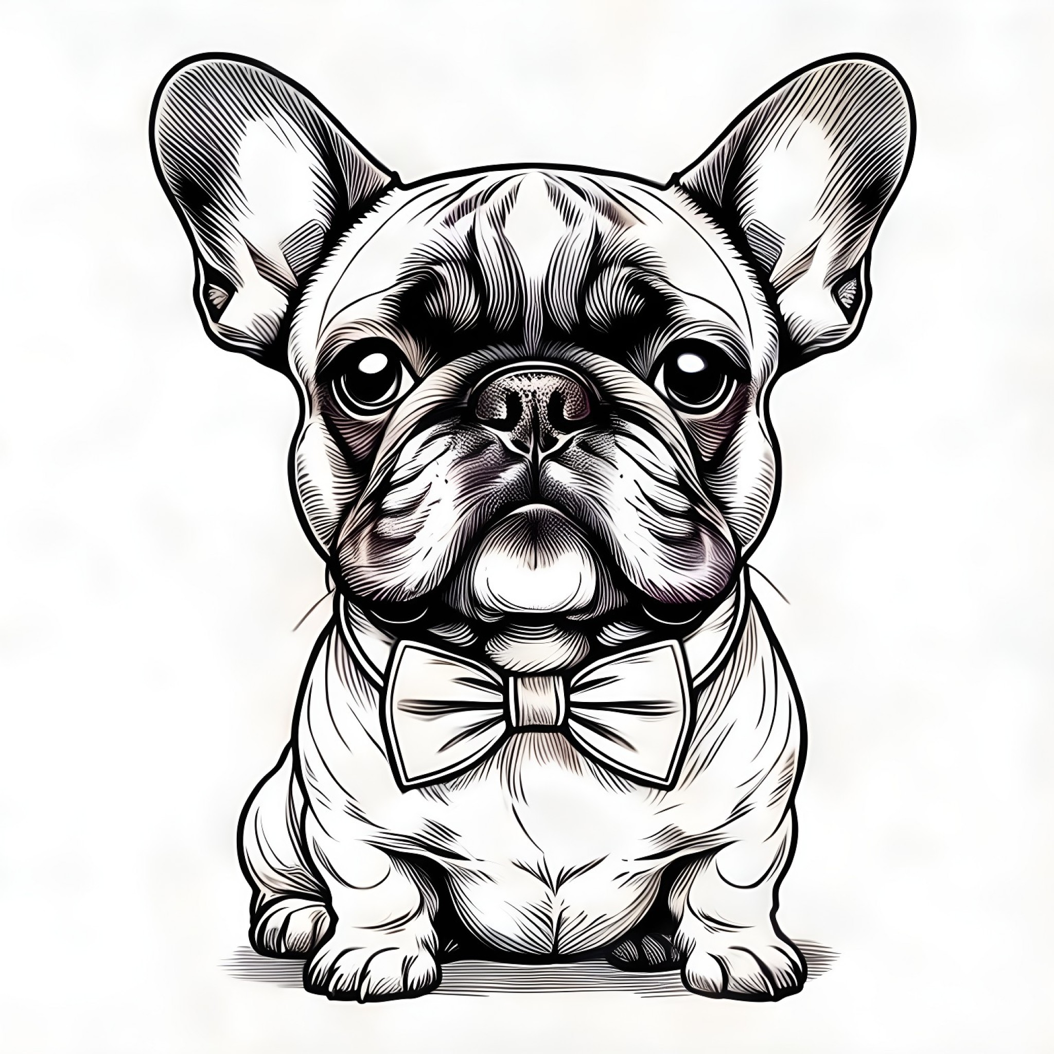 French Bulldog wearing a stylish bowtie Coloring Page (free black-and-white line drawing printable PDF for all, from beginners to advanced learners, including children, teens, adults, and seniors)