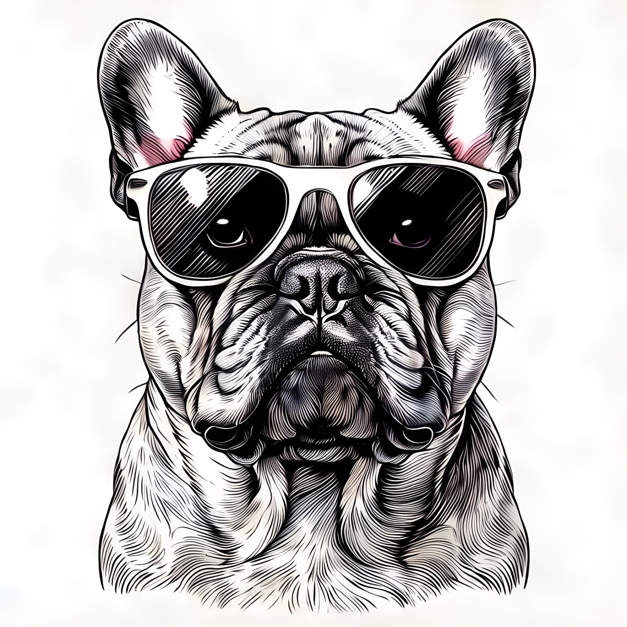 French Bulldog wearing sunglasses Coloring Page (free black-and-white line drawing printable PDF for all, from beginners to advanced learners, including children, teens, adults, and seniors)
