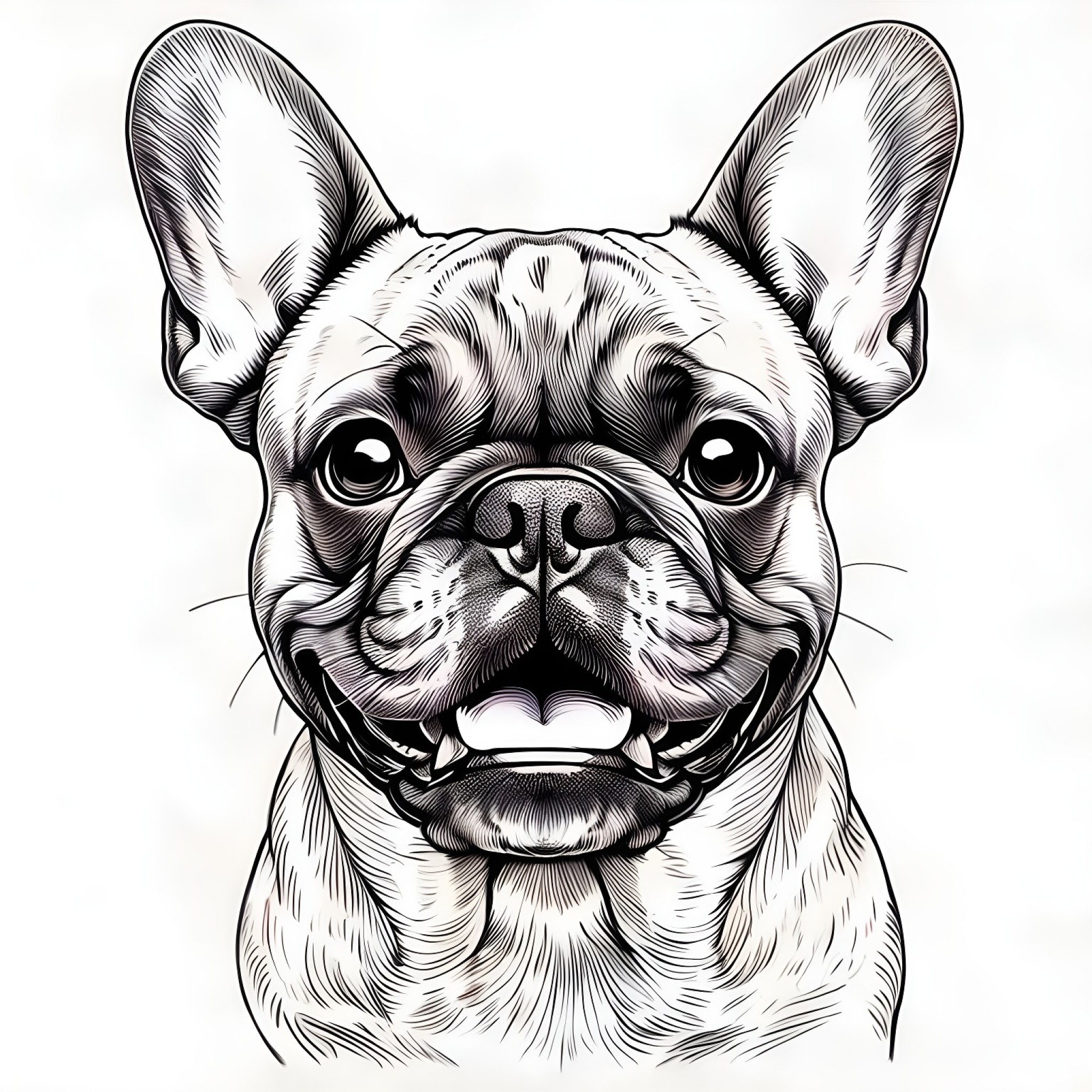French Bulldog with a happy smile Coloring Page (free black-and-white line drawing printable PDF for all, from beginners to advanced learners, including children, teens, adults, and seniors)