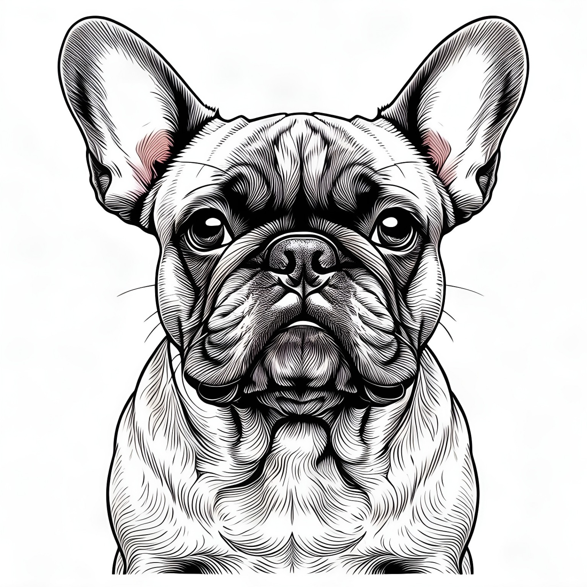 French Bulldog with a neutral expression Coloring Page (free black-and-white line drawing printable PDF for all, from beginners to advanced learners, including children, teens, adults, and seniors)