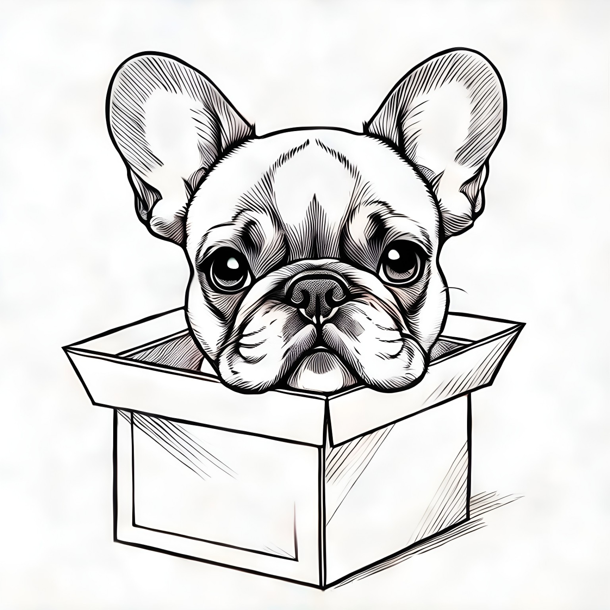 French Bulldog peeking out from a gift box Coloring Page (free black-and-white line drawing printable PDF for all, from beginners to advanced learners, including children, teens, adults, and seniors)