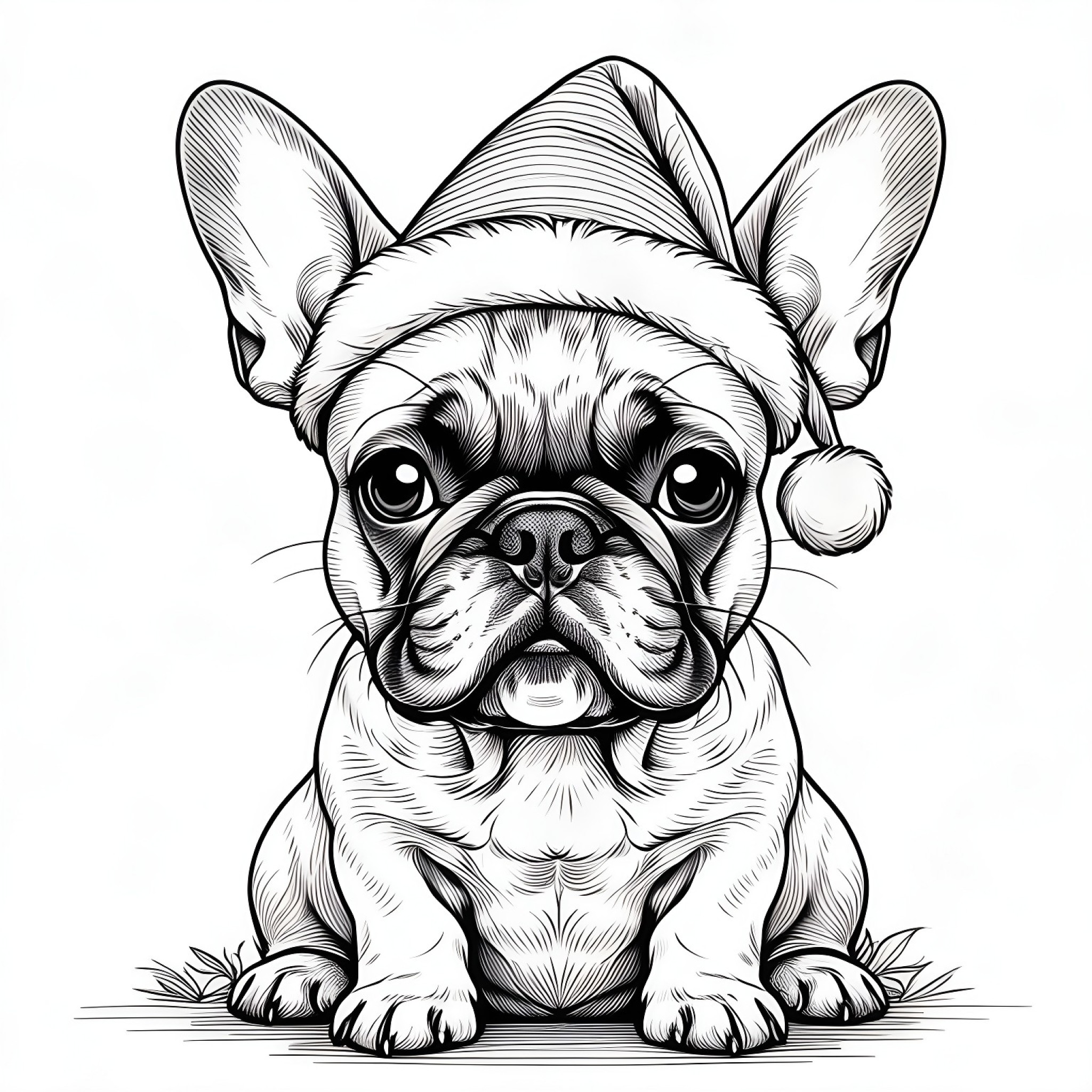 French Bulldog in a festive hat Coloring Page (free black-and-white line drawing printable PDF for all, from beginners to advanced learners, including children, teens, adults, and seniors)